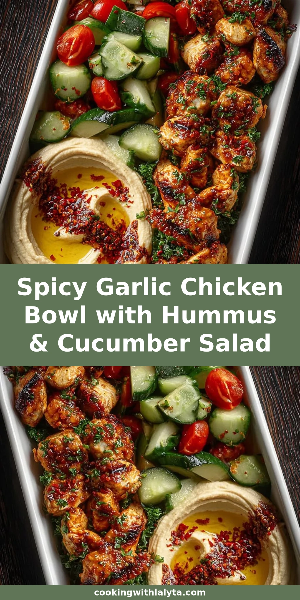 Spicy Garlic Chicken Bowl with Hummus & Cucumber Salad