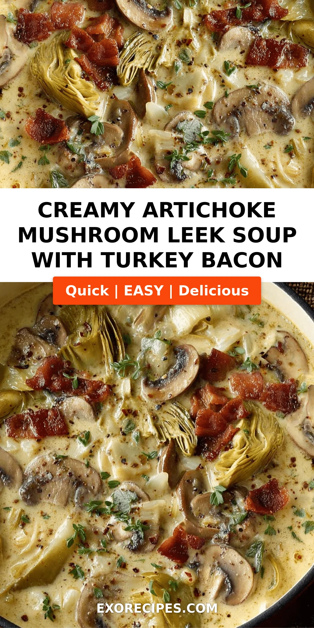 Creamy Artichoke, Mushroom & Leek Soup with Turkey Bacon