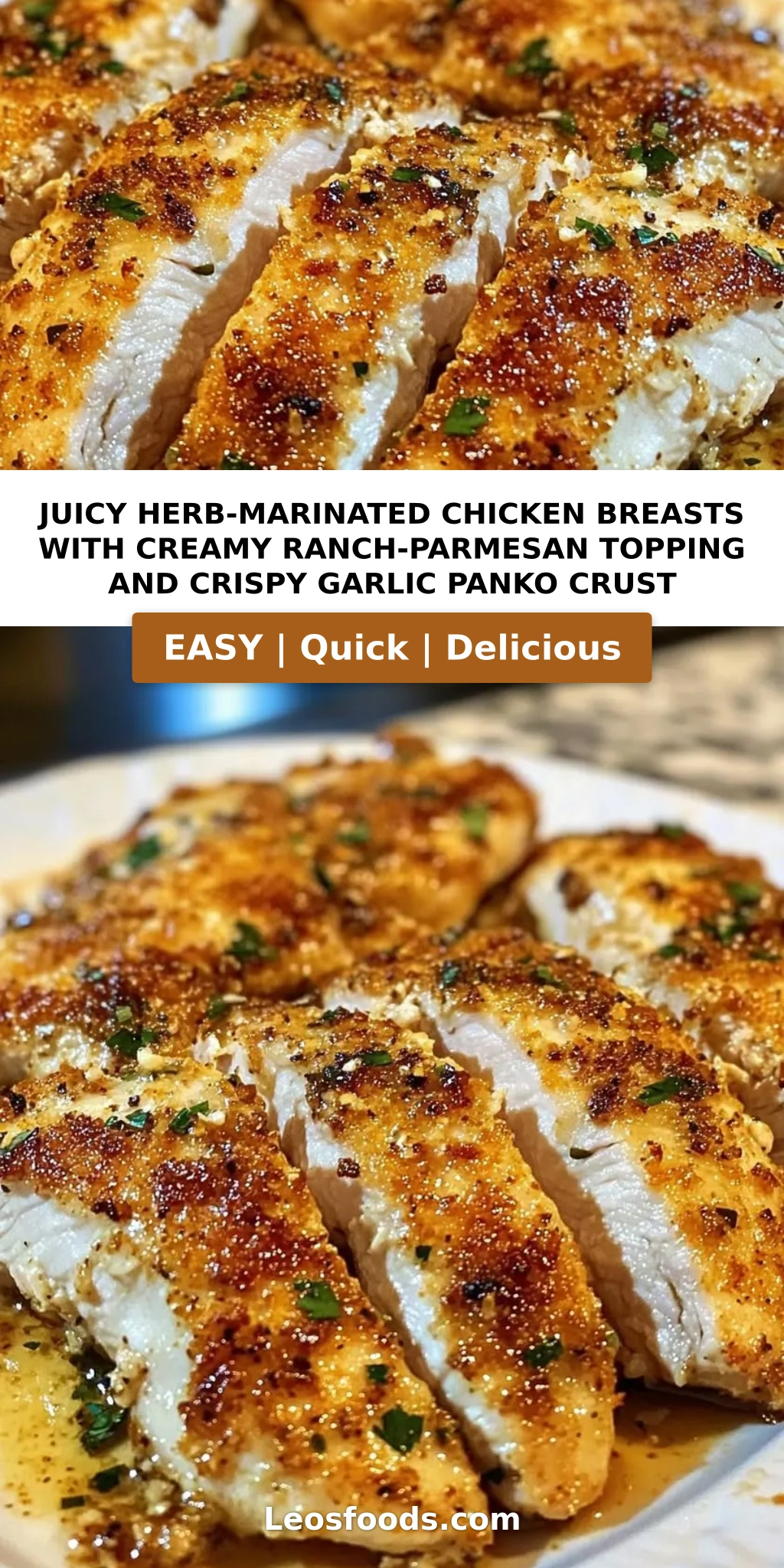 Juicy Herb-Marinated Chicken Breasts with Creamy Ranch-Parmesan Topping and Crispy Garlic Panko Crust