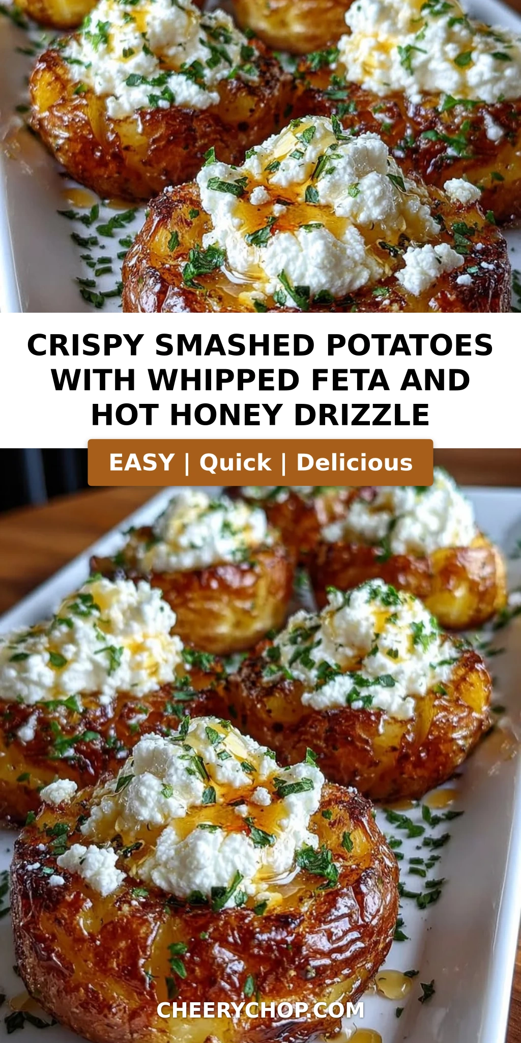 Crispy Smashed Potatoes with Whipped Feta and Hot Honey Drizzle