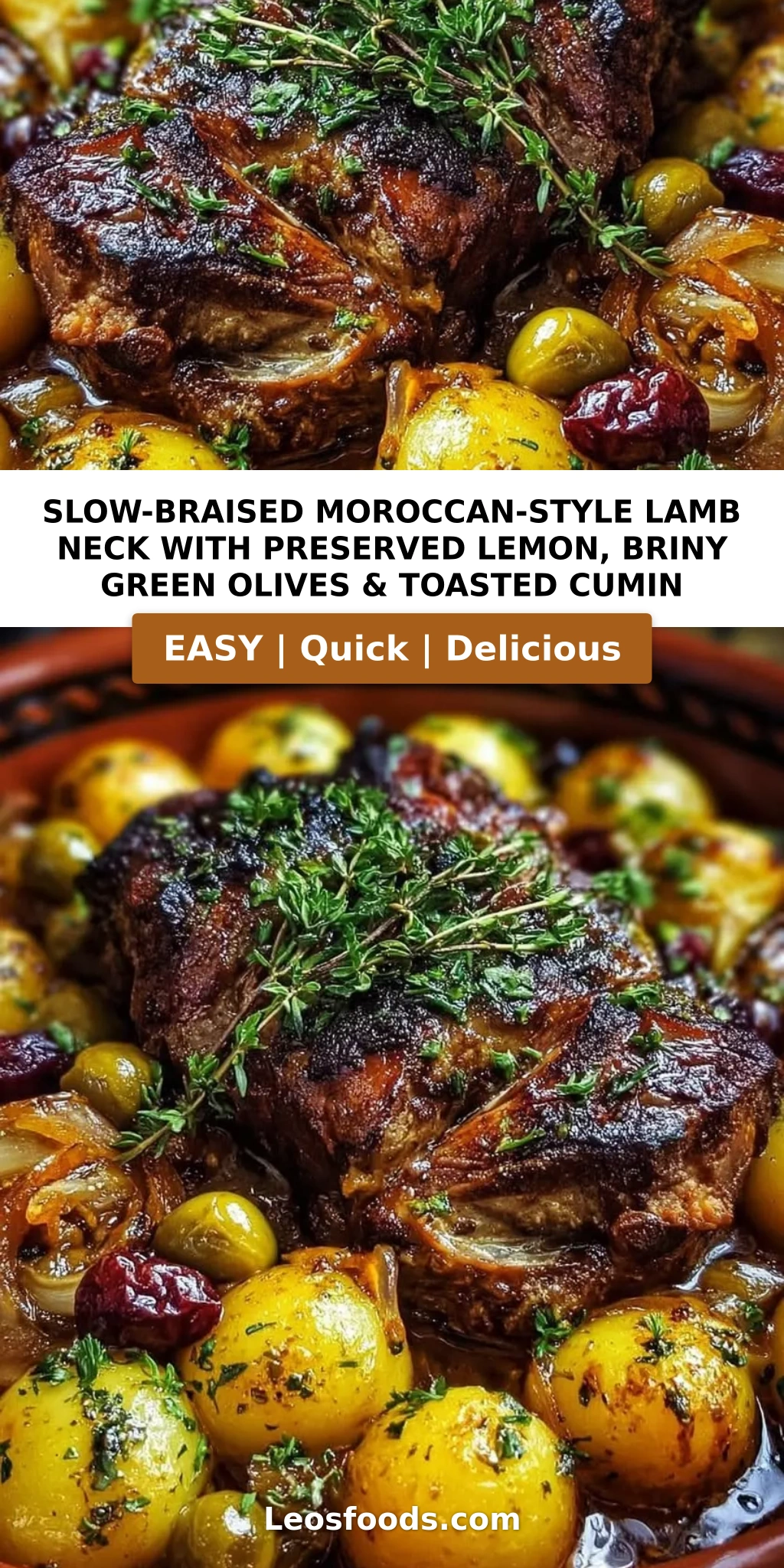 Slow-Braised Moroccan-Style Lamb Neck with Preserved Lemon, Briny Green Olives & Toasted Cumin