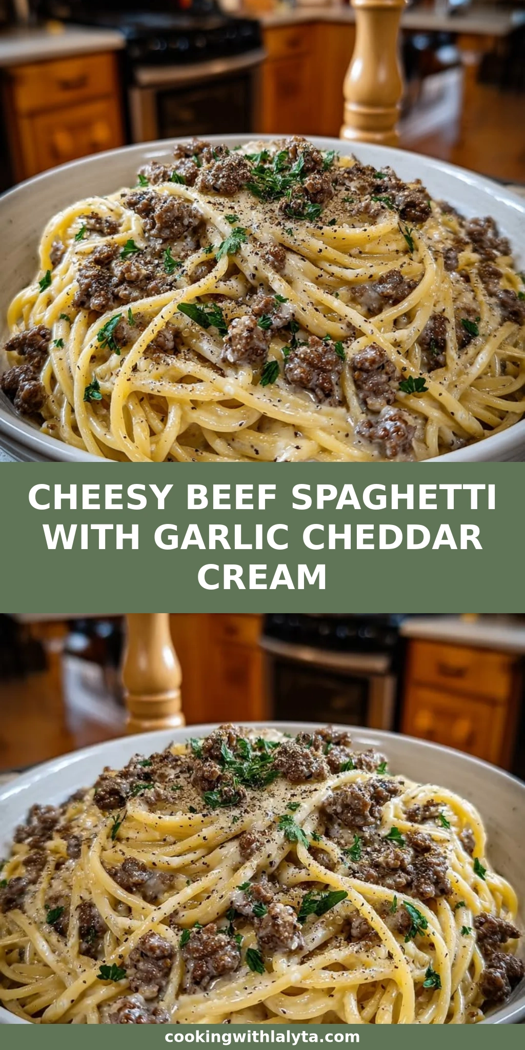 CHEESY BEEF SPAGHETTI WITH GARLIC CHEDDAR CREAM
