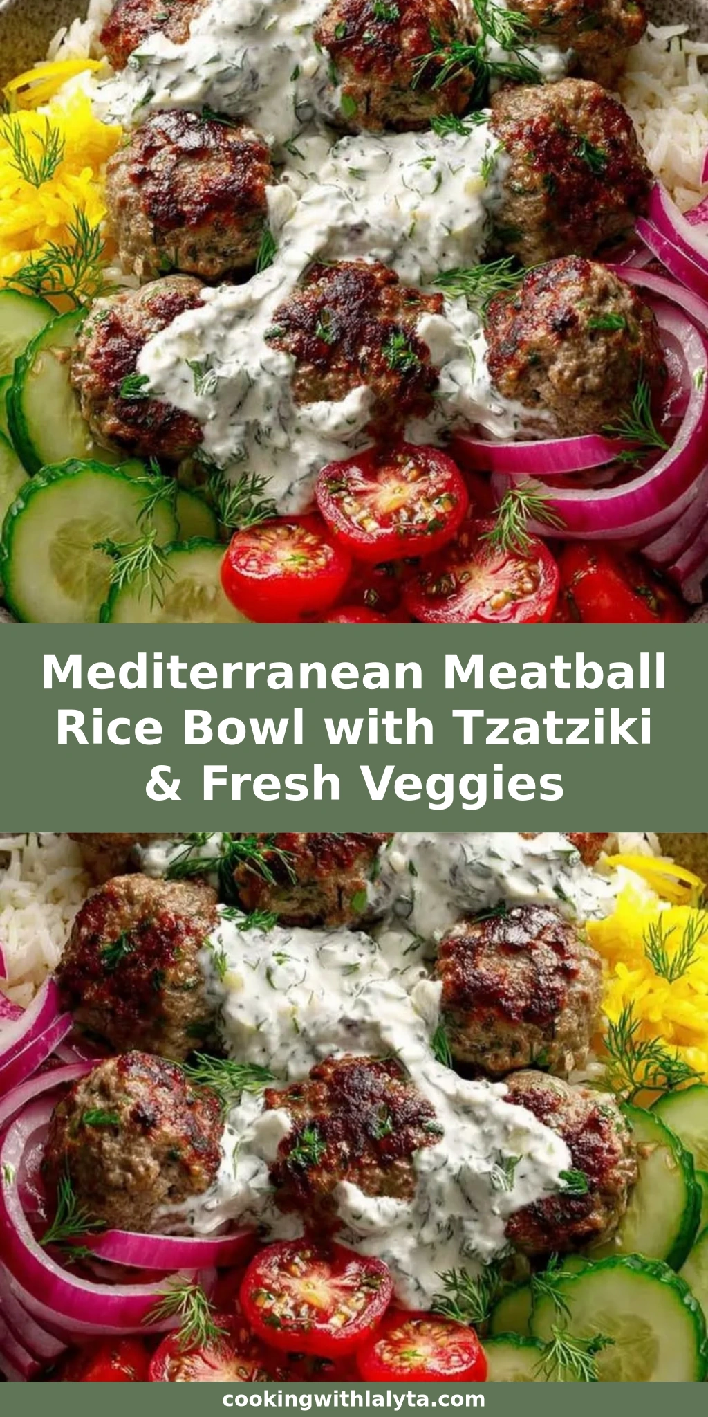 Mediterranean Meatball Rice Bowl with Tzatziki & Fresh Veggies