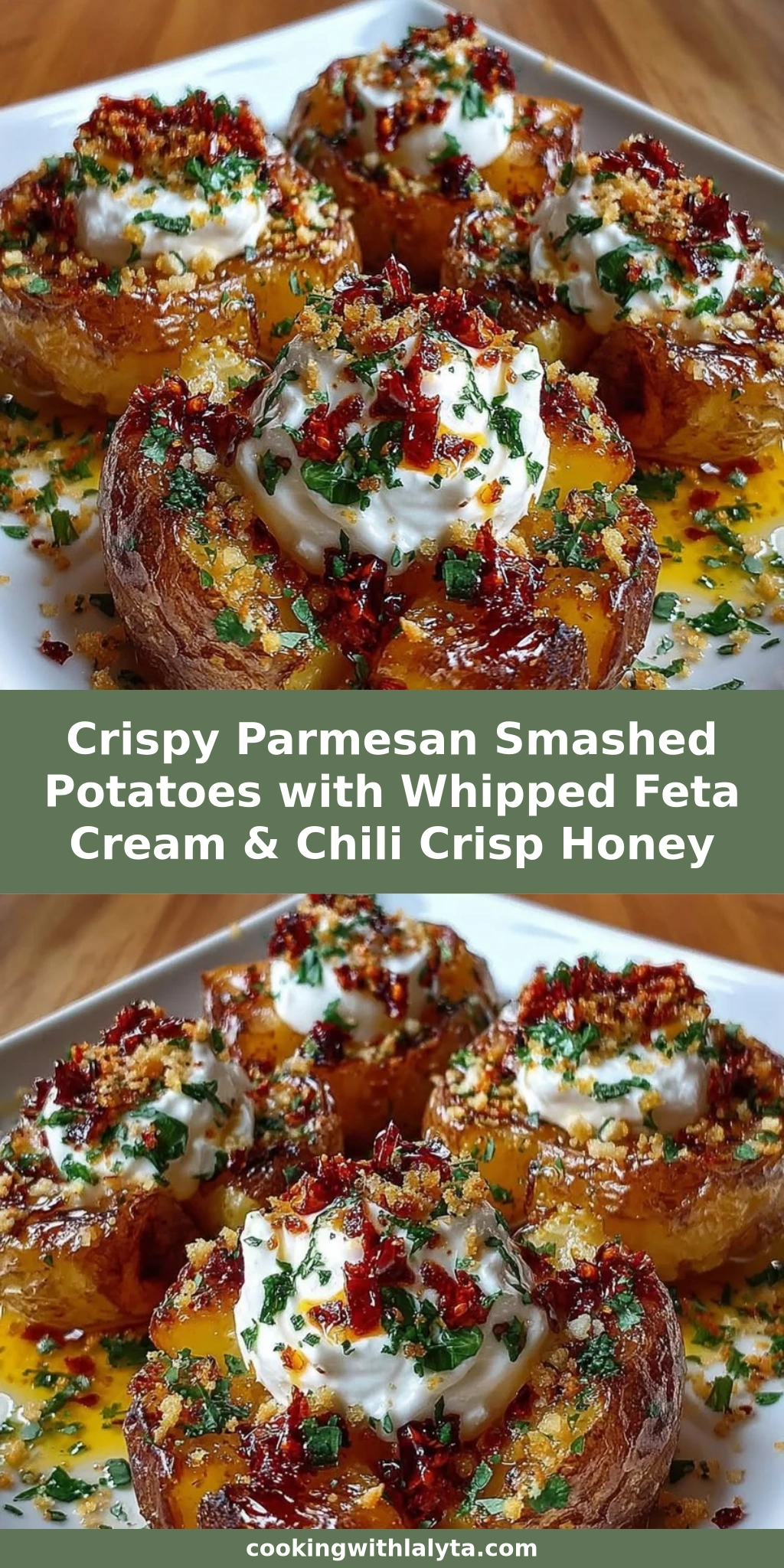 Crispy Parmesan Smashed Potatoes with Whipped Feta Cream & Chili Crisp Honey