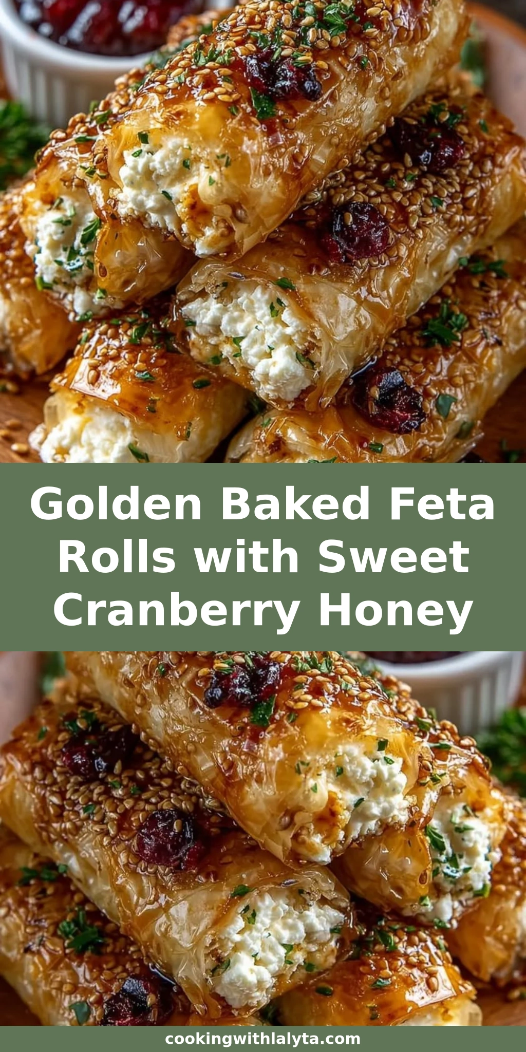 Golden Baked Feta Rolls with Sweet Cranberry Honey