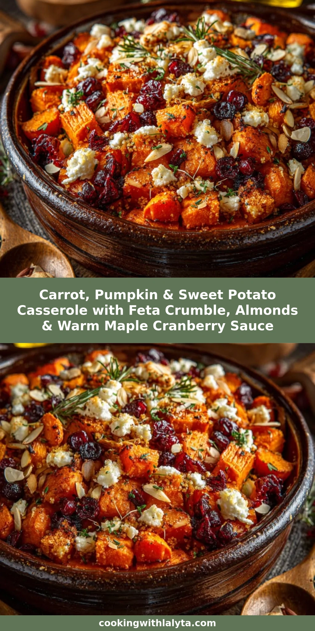 Carrot, Pumpkin & Sweet Potato Casserole with Feta Crumble, Almonds & Warm Maple Cranberry Sauce