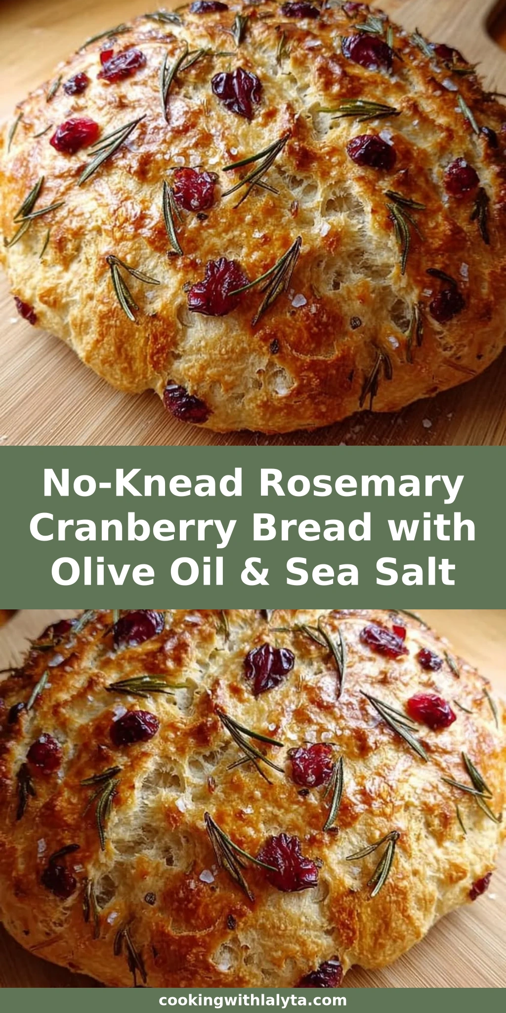 No-Knead Rosemary Cranberry Bread with Olive Oil & Sea Salt