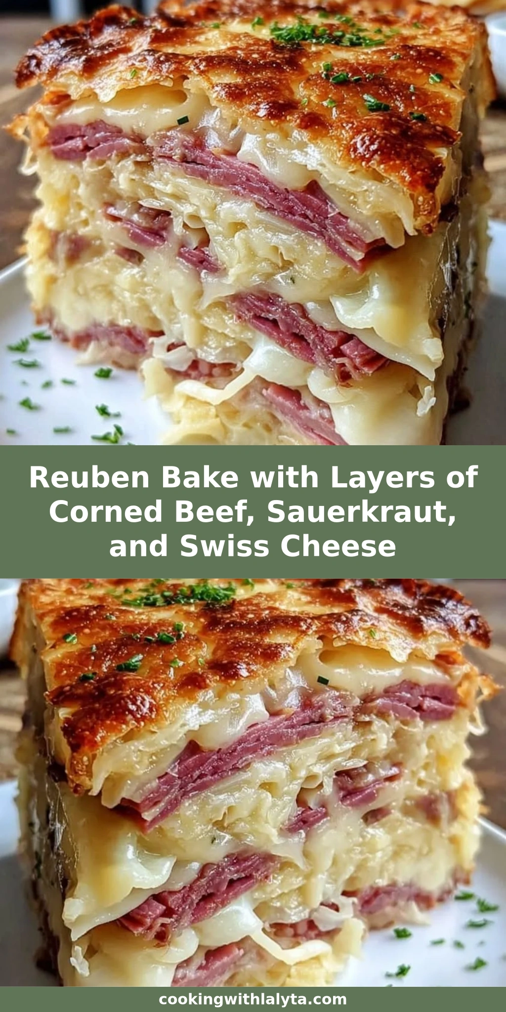 Reuben Bake with Layers of Corned Beef, Sauerkraut, and Swiss Cheese
