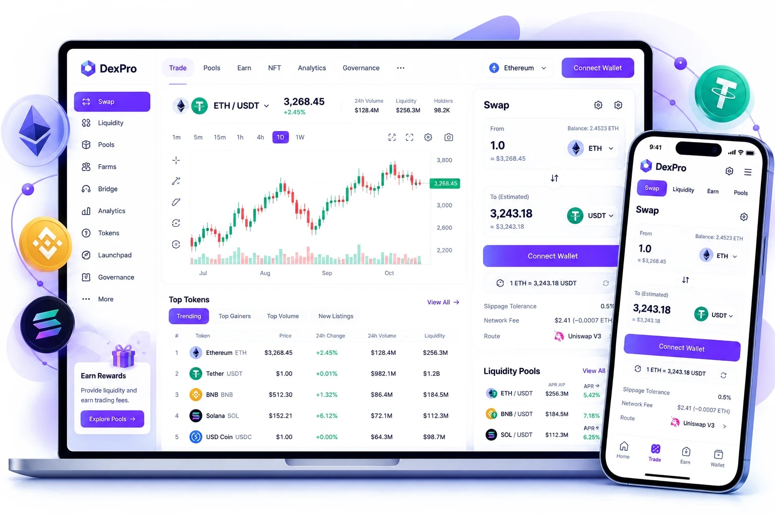 Cryptiecraft DEX swap and liquidity pool mobile screens