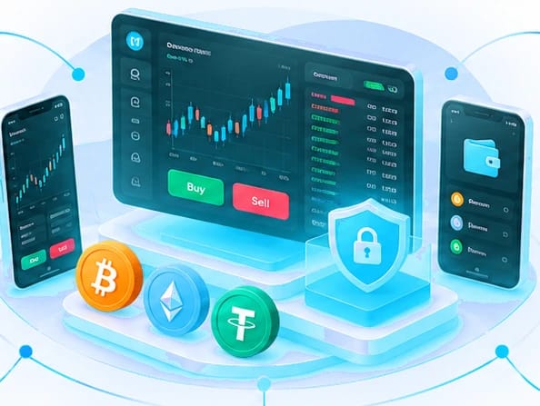 Crypto exchange trading terminal on desktop and mobile with wallet, shield and coins
