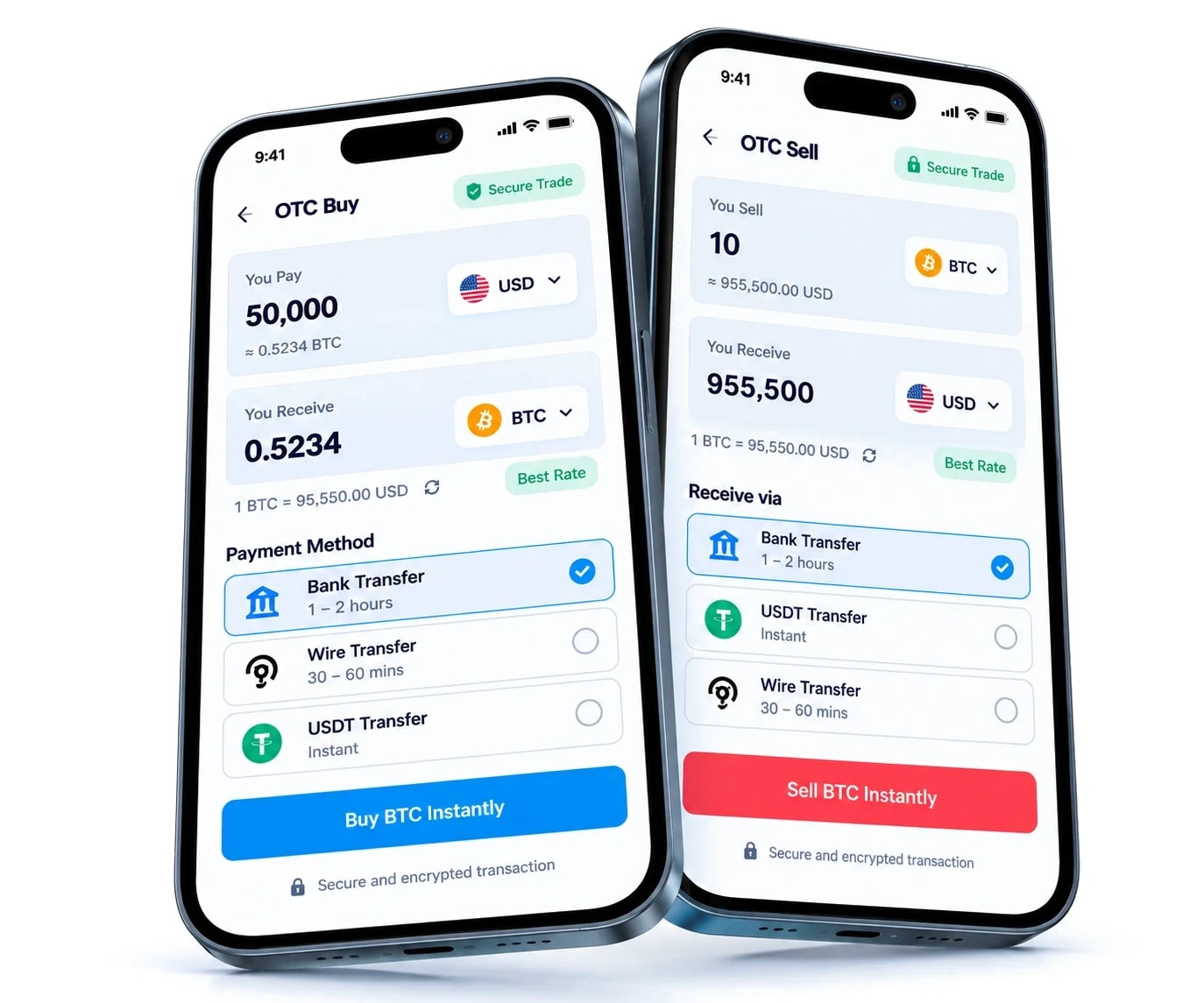 Cryptiecraft OTC instant buy and instant sell mobile screens