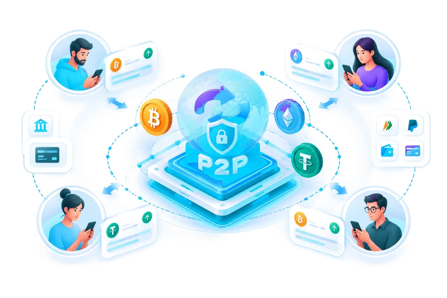 Global P2P crypto exchange network with escrow-protected trades between buyers and sellers