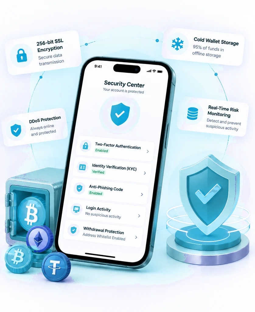 Cryptiecraft exchange security center with cold wallet storage, 2FA and DDoS protection