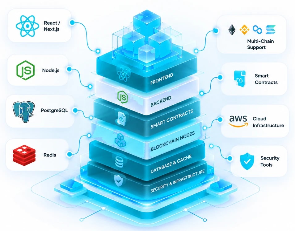 Cryptiecraft exchange technology stack: React/Next.js, Node.js, PostgreSQL, Redis, multi-chain support, smart contracts, cloud infrastructure and security tools
