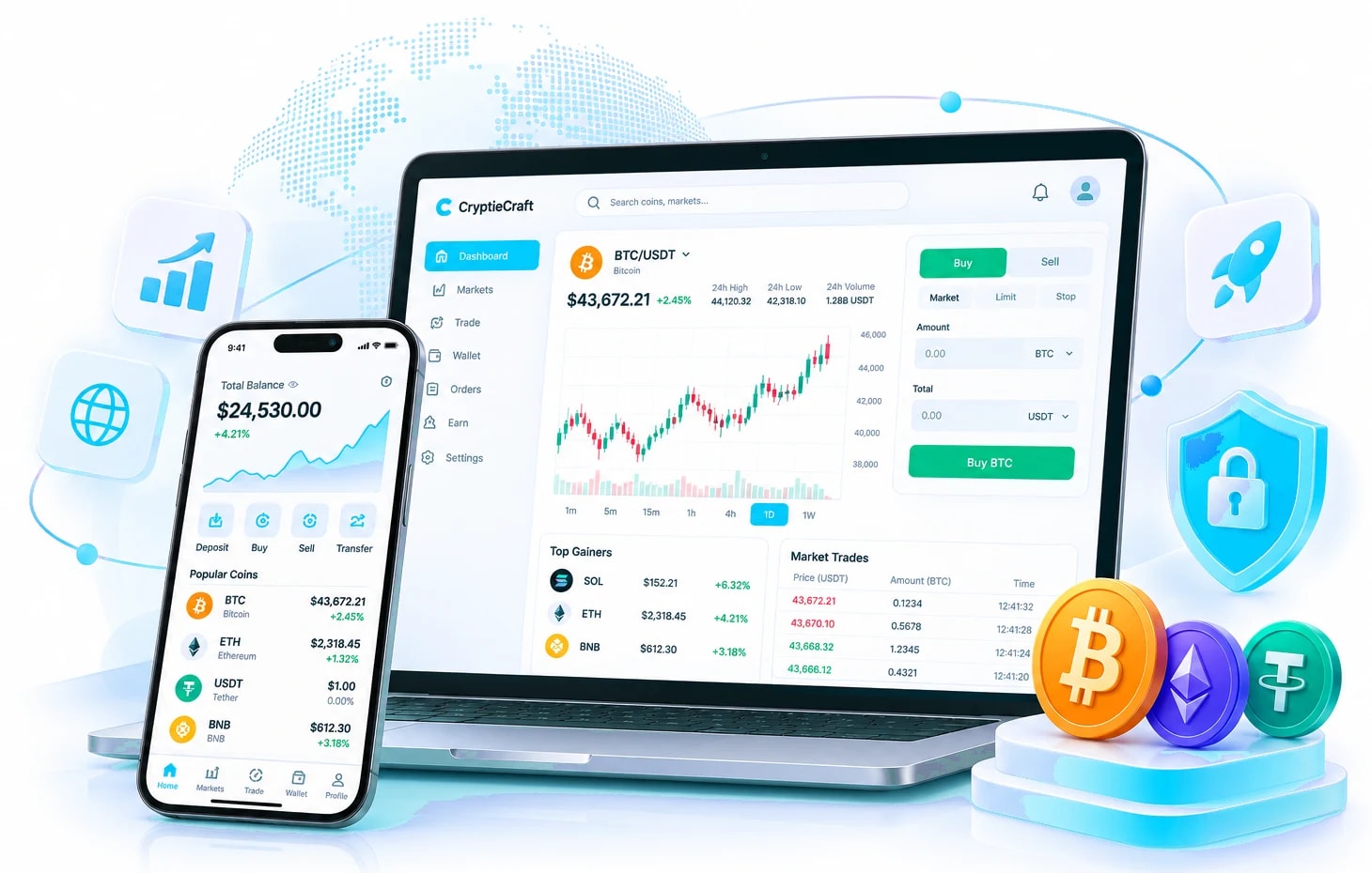 Cryptiecraft exchange platform on laptop and mobile with Bitcoin, Ethereum and Tether coins