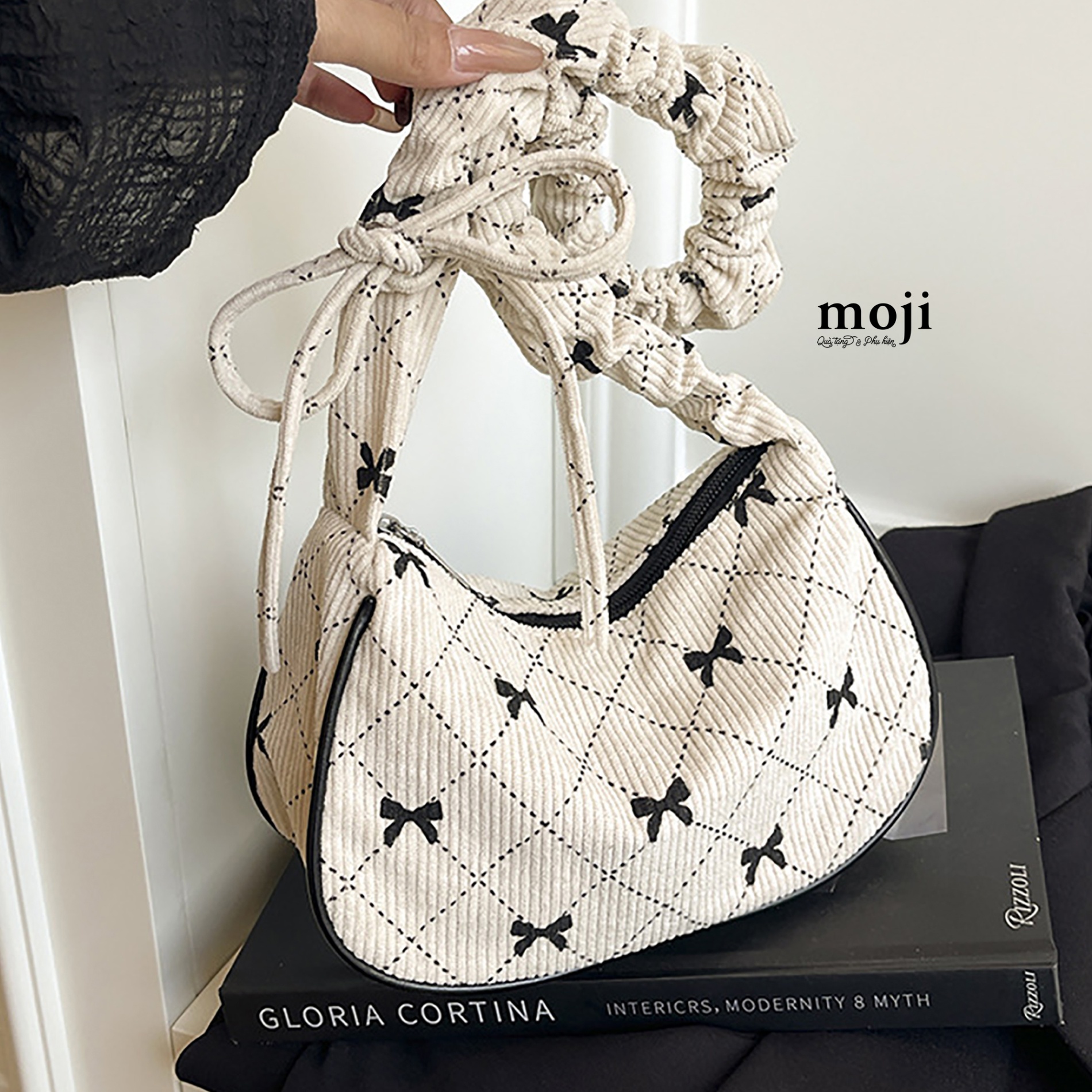 B.202 Túi xách tay vải nhung tăm Bow nơ ô vuông 8x14x22