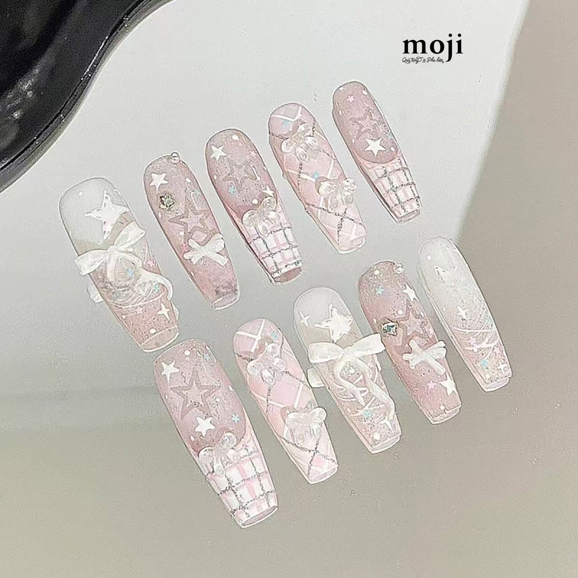 A.806 Bộ móng tay giả đính chi tiết nổi Bow nơ star nền kẻ ô kèm keo S251 set10