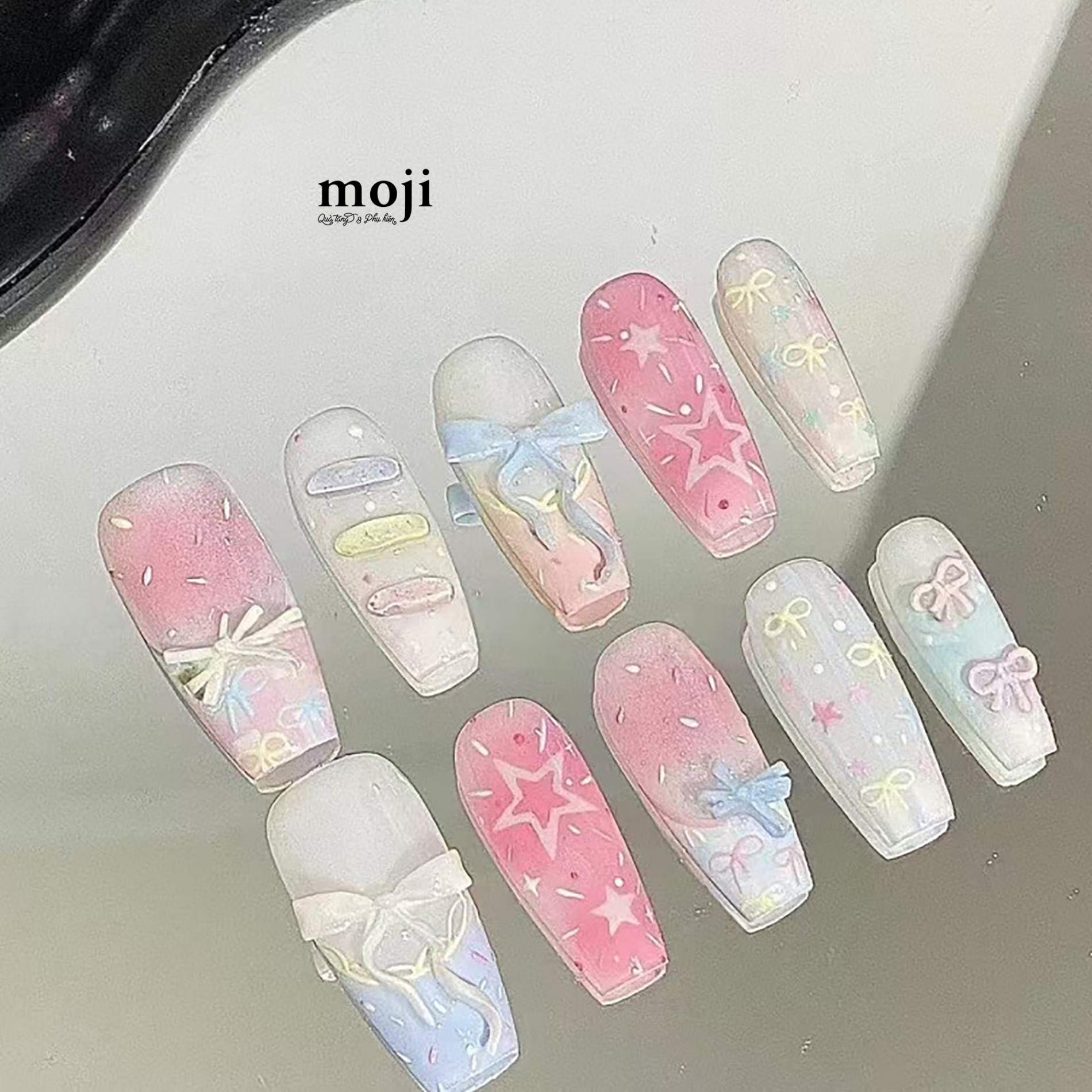 A.806 Bộ móng tay giả đính chi tiết nổi Bow nơ star nền màu sắc kèm keo S252 set10