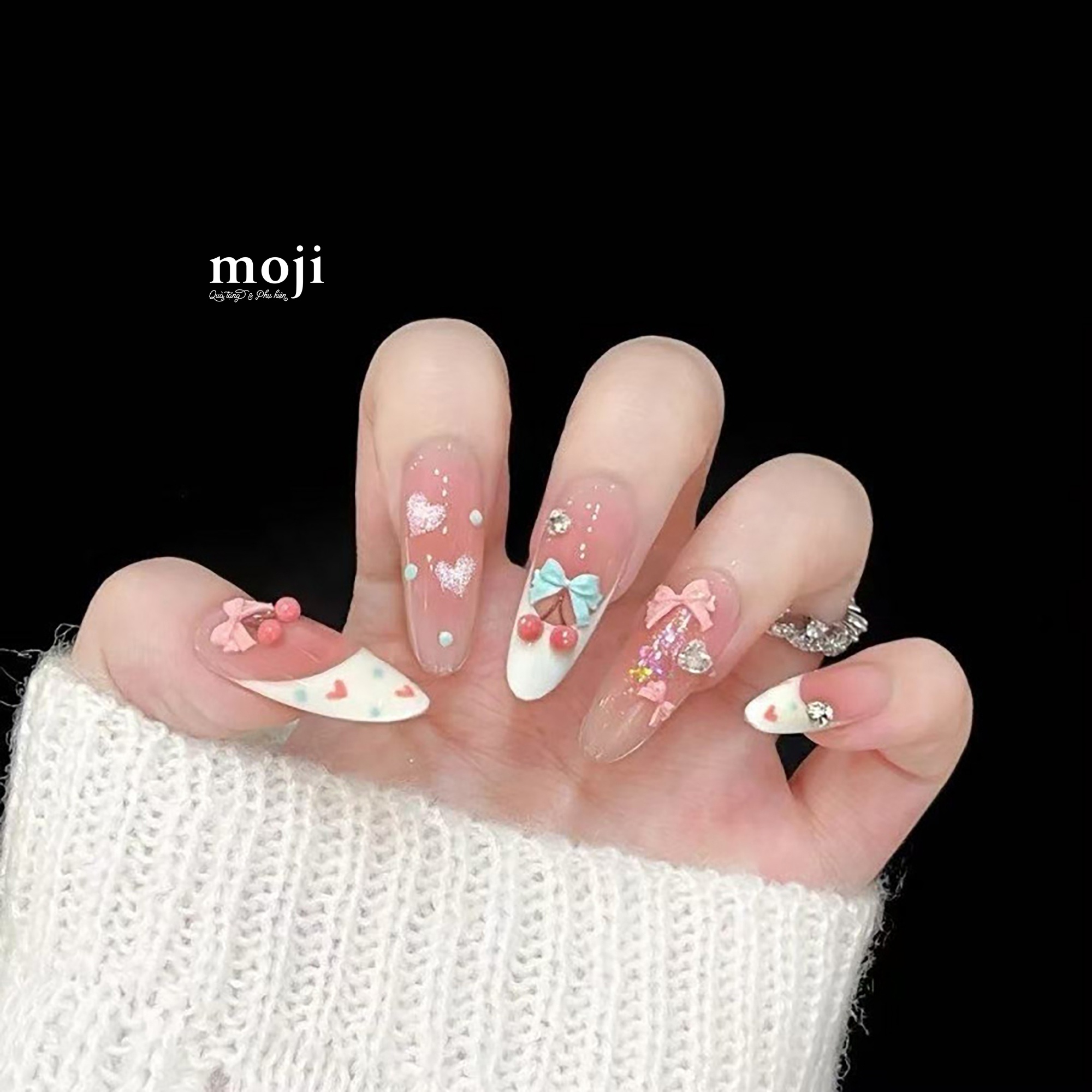 A.806 Bộ móng tay giả đính chi tiết nổi Bow fruit heart kèm keo S156 set10