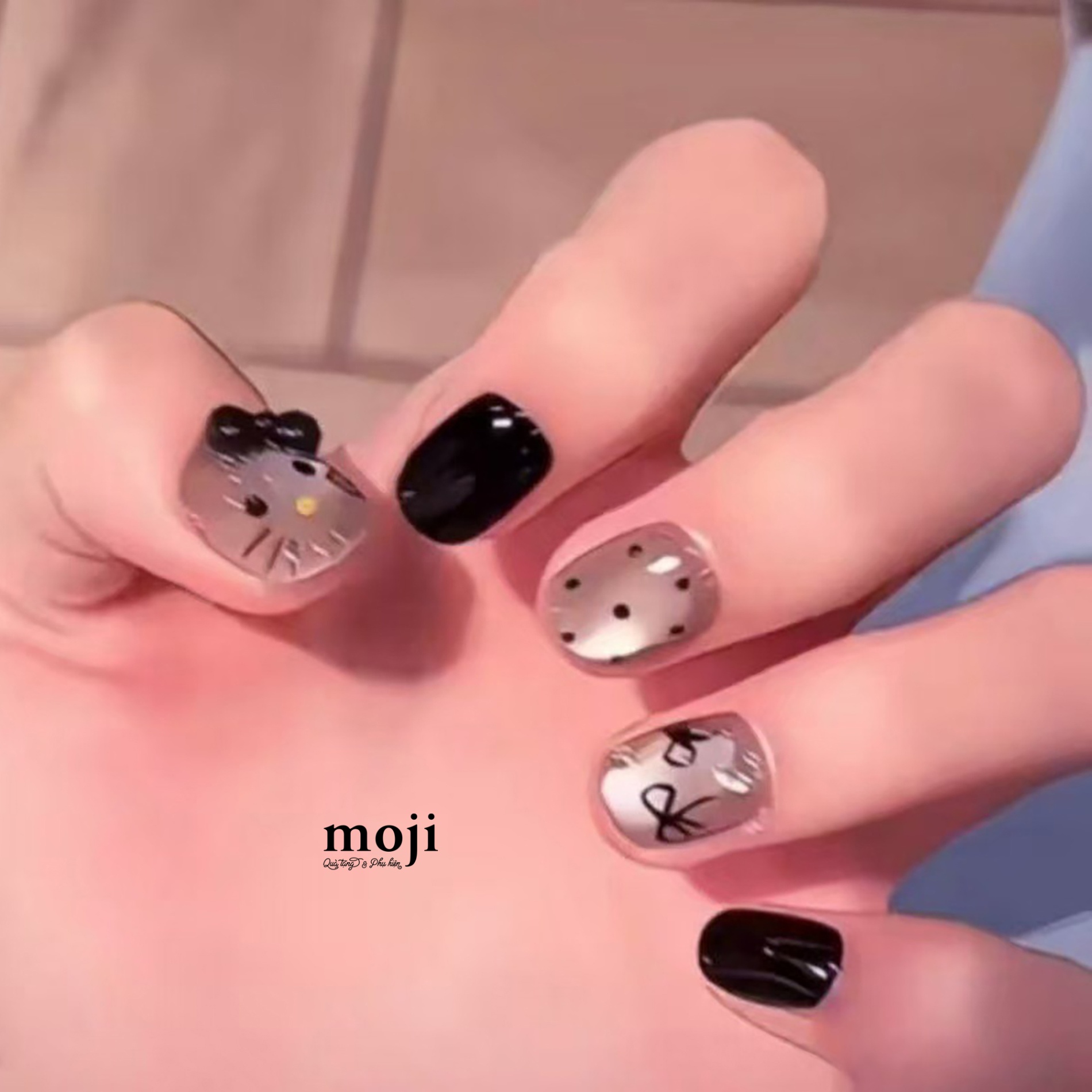 Móng tay giả đính chi tiết nổi Sanrio family Hello Kitty face nơ chấm bi mix màu kèm keo S77 set10