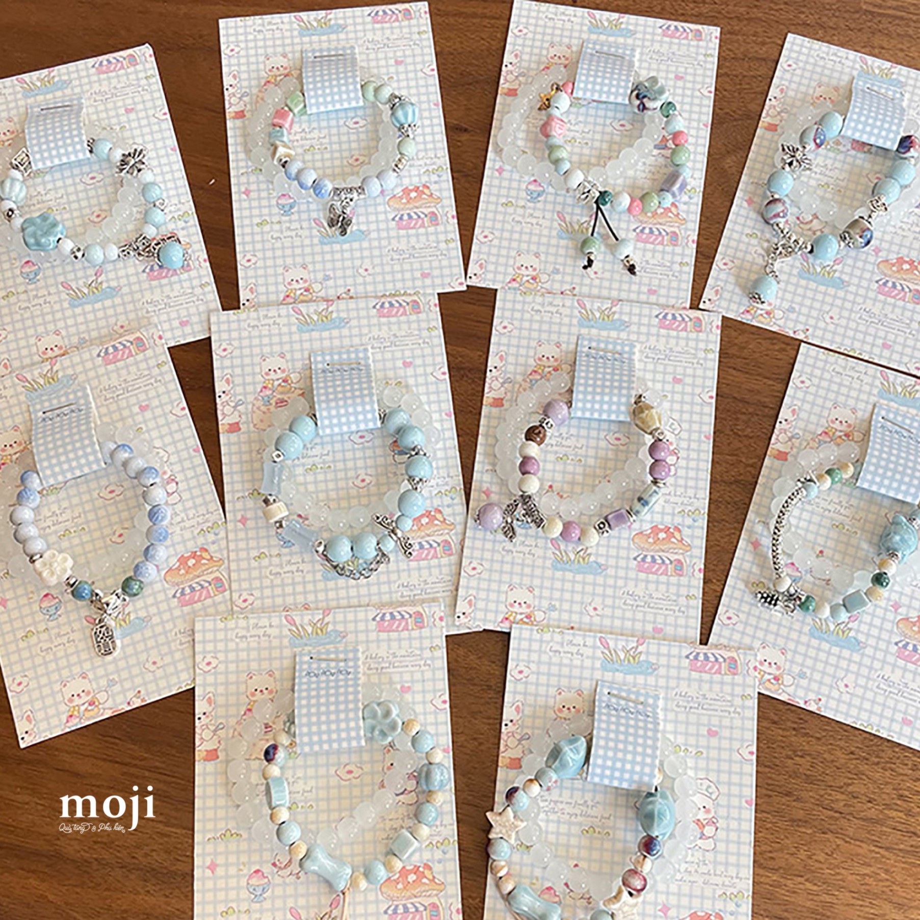 Vòng tay set2 chuỗi hạt tròn phối màu thả hạt tròn dây xích tua rua