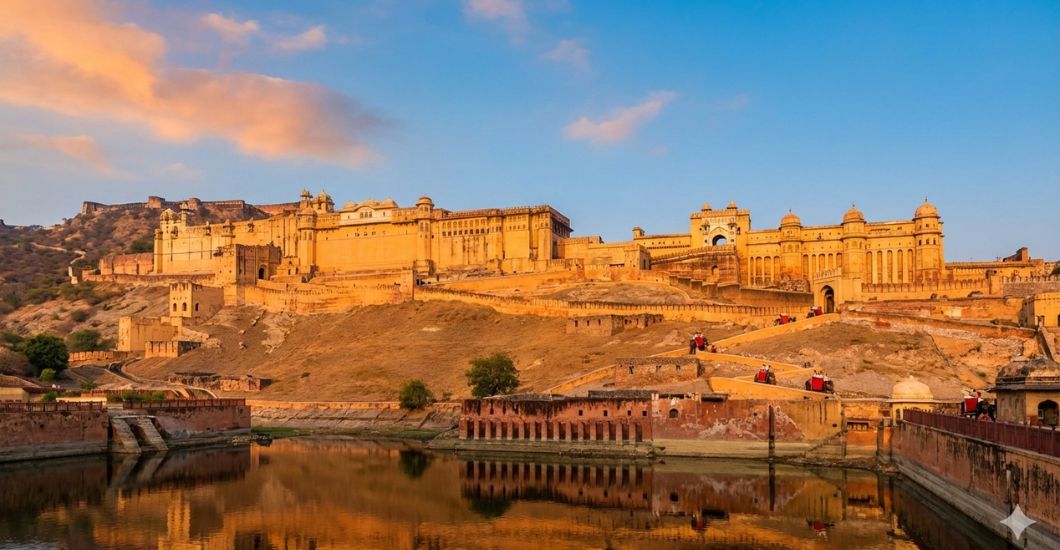 Amber Fort Jaipur - honey-gold fort walls reflected in Maota Lake