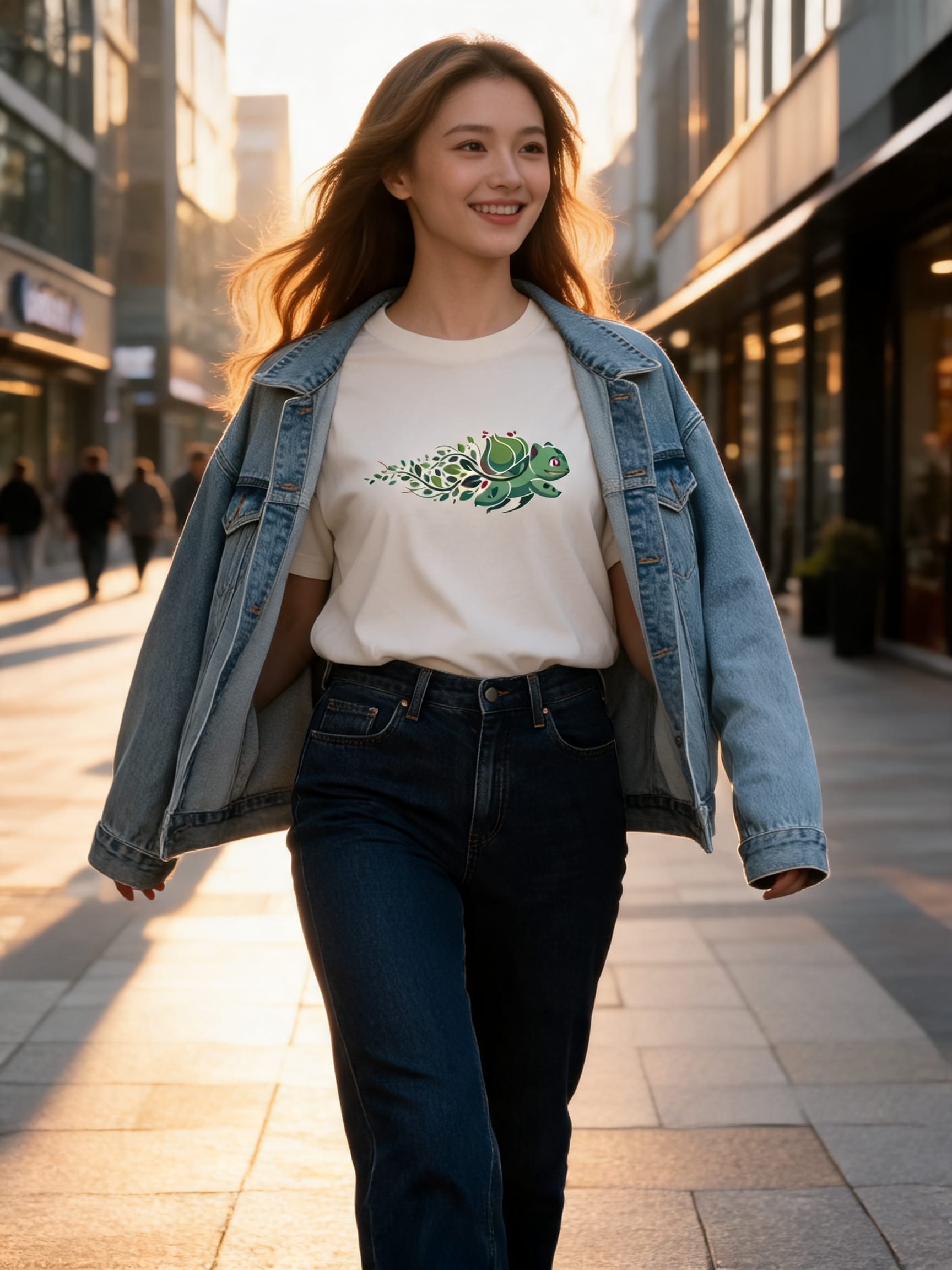Modelo feminina em look casual moderno com jeans e camiseta clássica