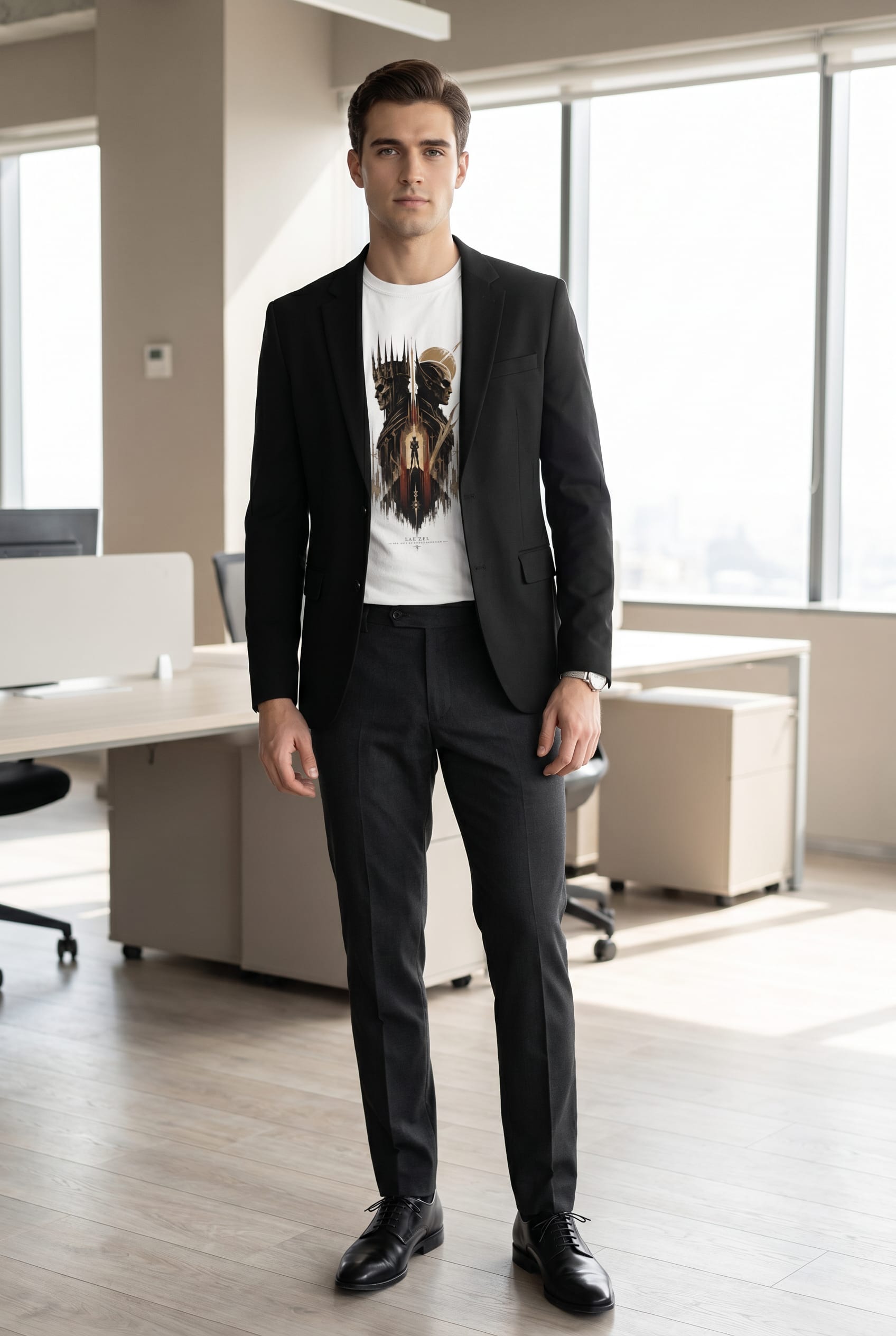 Look profissional com camiseta estampada e blazer estruturado em escritório moderno