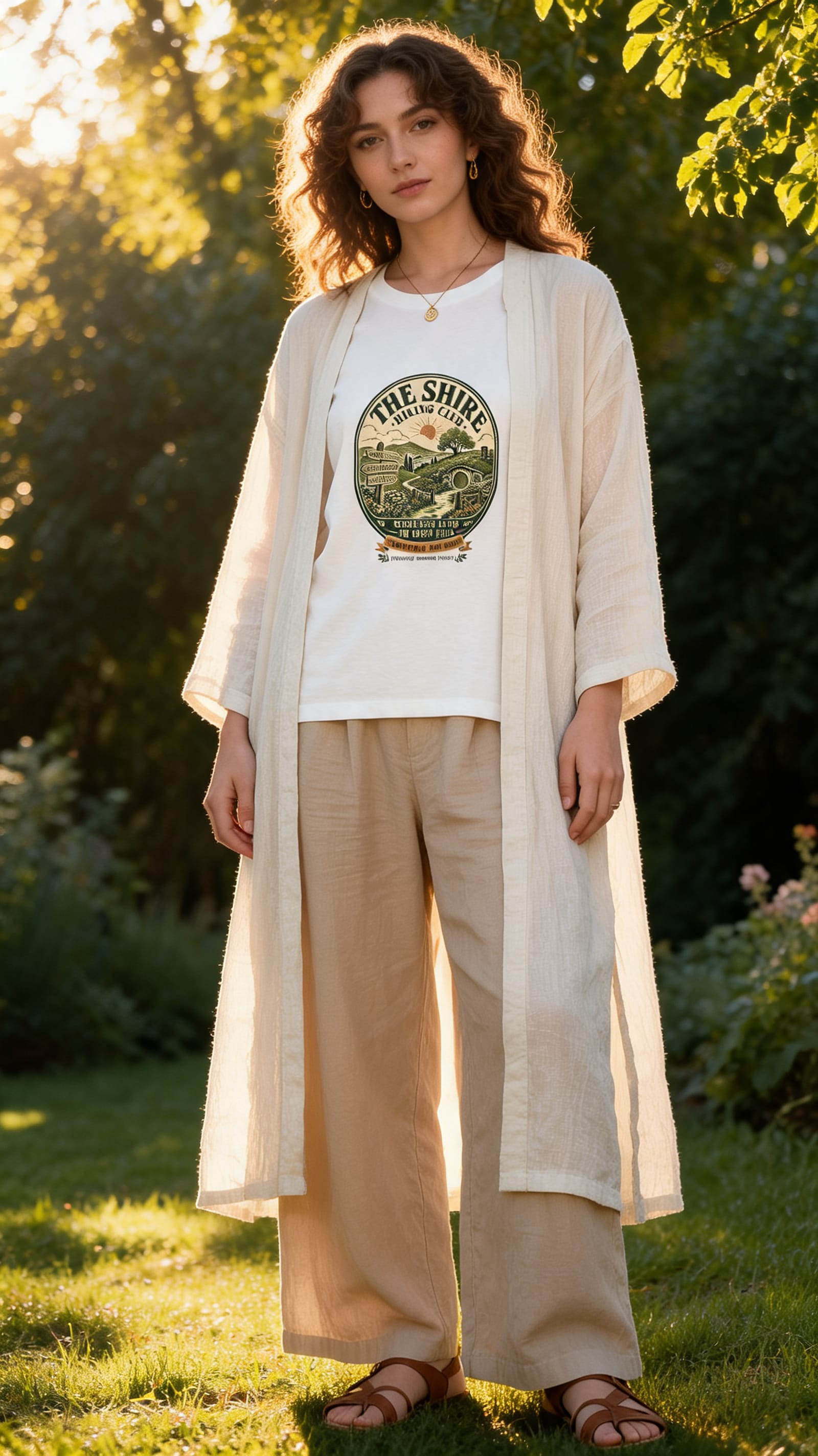 Modelo feminina em layering boho com camiseta natural, cardigan linho comprido e acessórios românticos em cenário ao ar livre