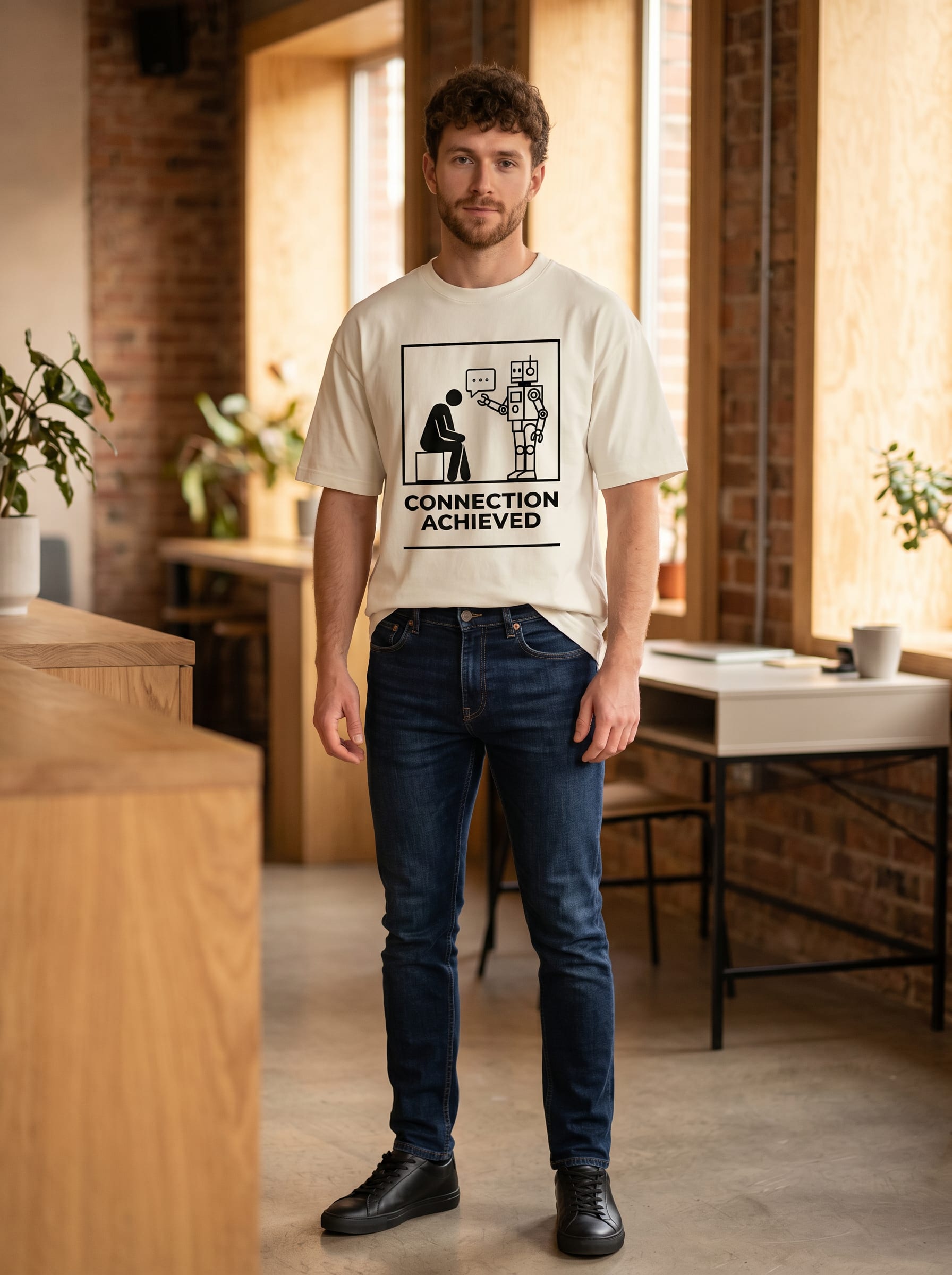 Modelo com camiseta oversized da Stack, jeans skinny e tucking frontal parcial, look confortável e moderno