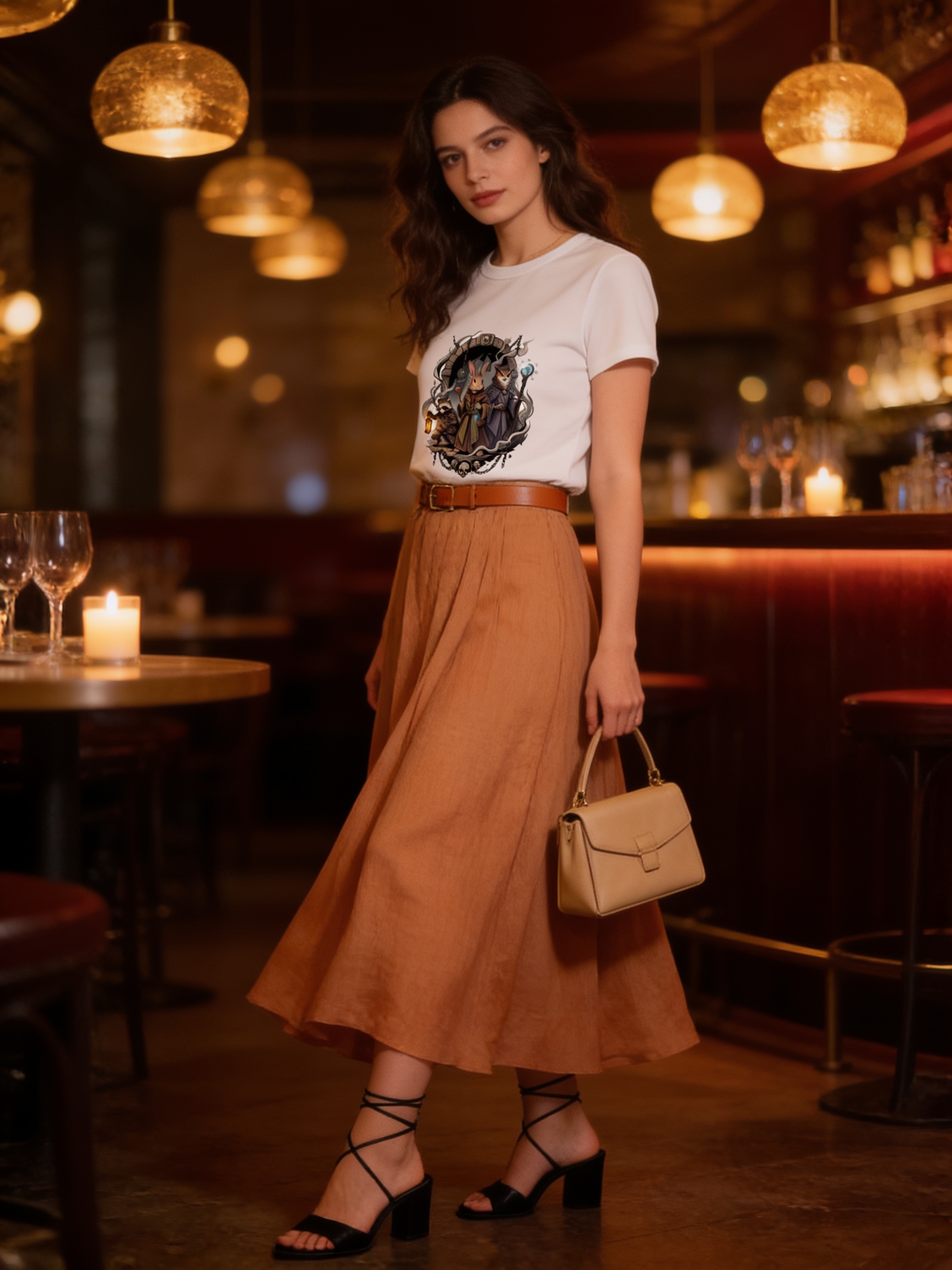 Look elegante com camiseta Stack, saia midi e mule sofisticada para noite especial