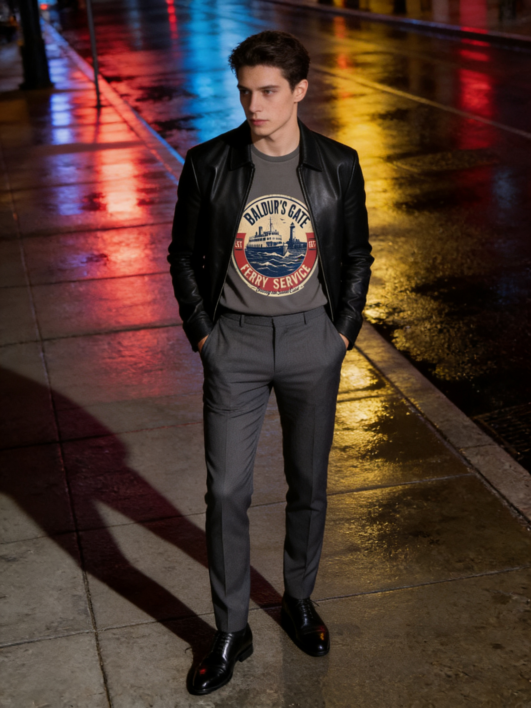 Camiseta Stack com jaqueta de couro estruturada e calça de alfaiataria cinza em cenário urbano noturno
