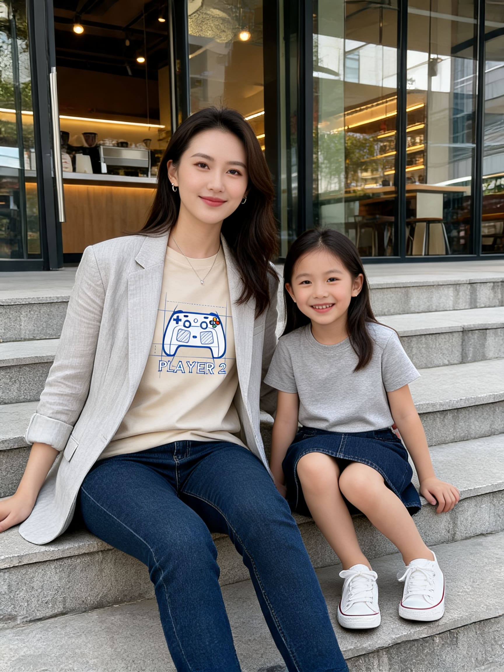 Mãe e filha com looks urbanos e confortáveis em tons neutros, sentadas em um café.