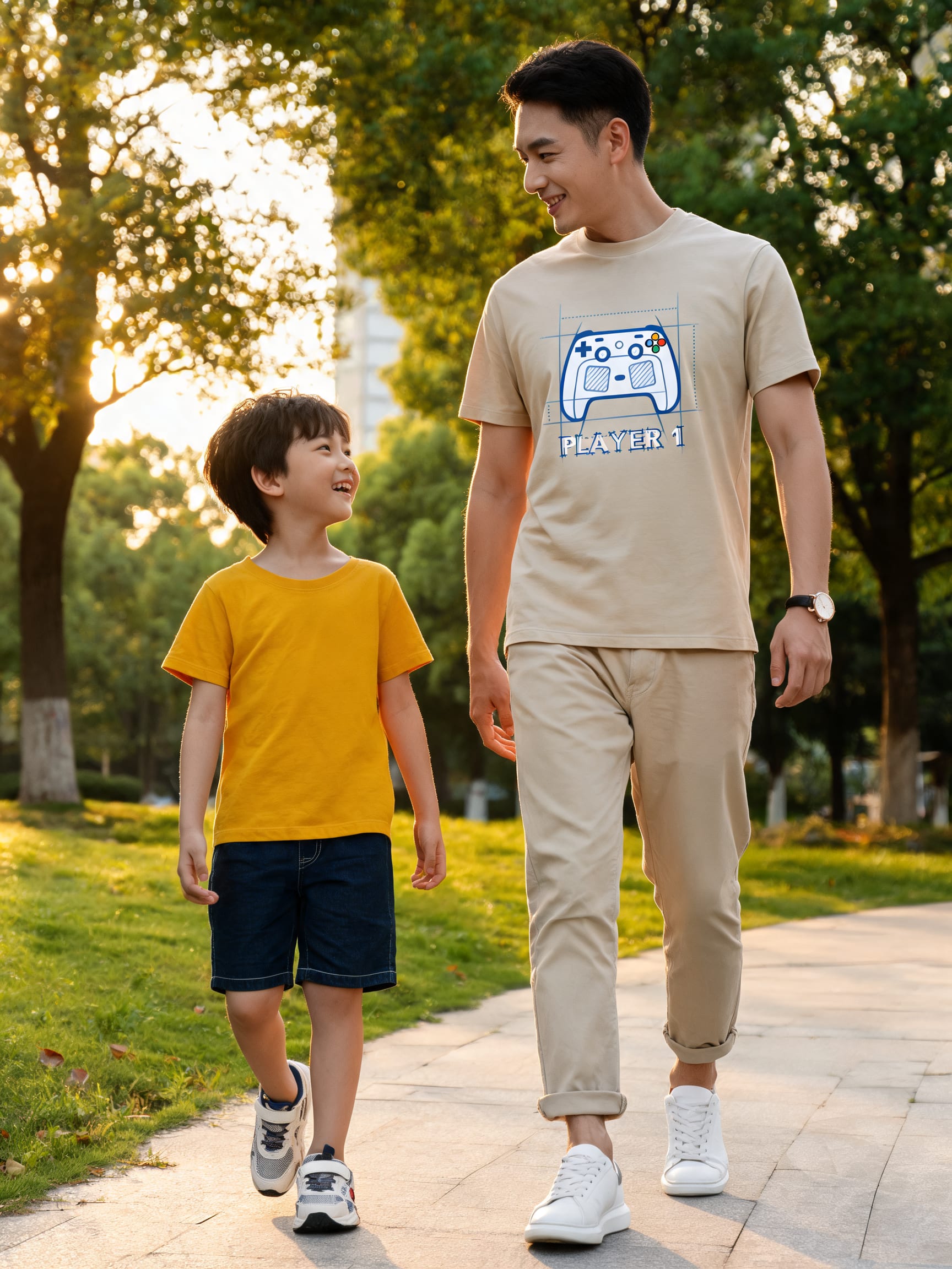 Pai e filho caminhando em um parque de forma descontraída, vestindo looks coordenados e modernos.