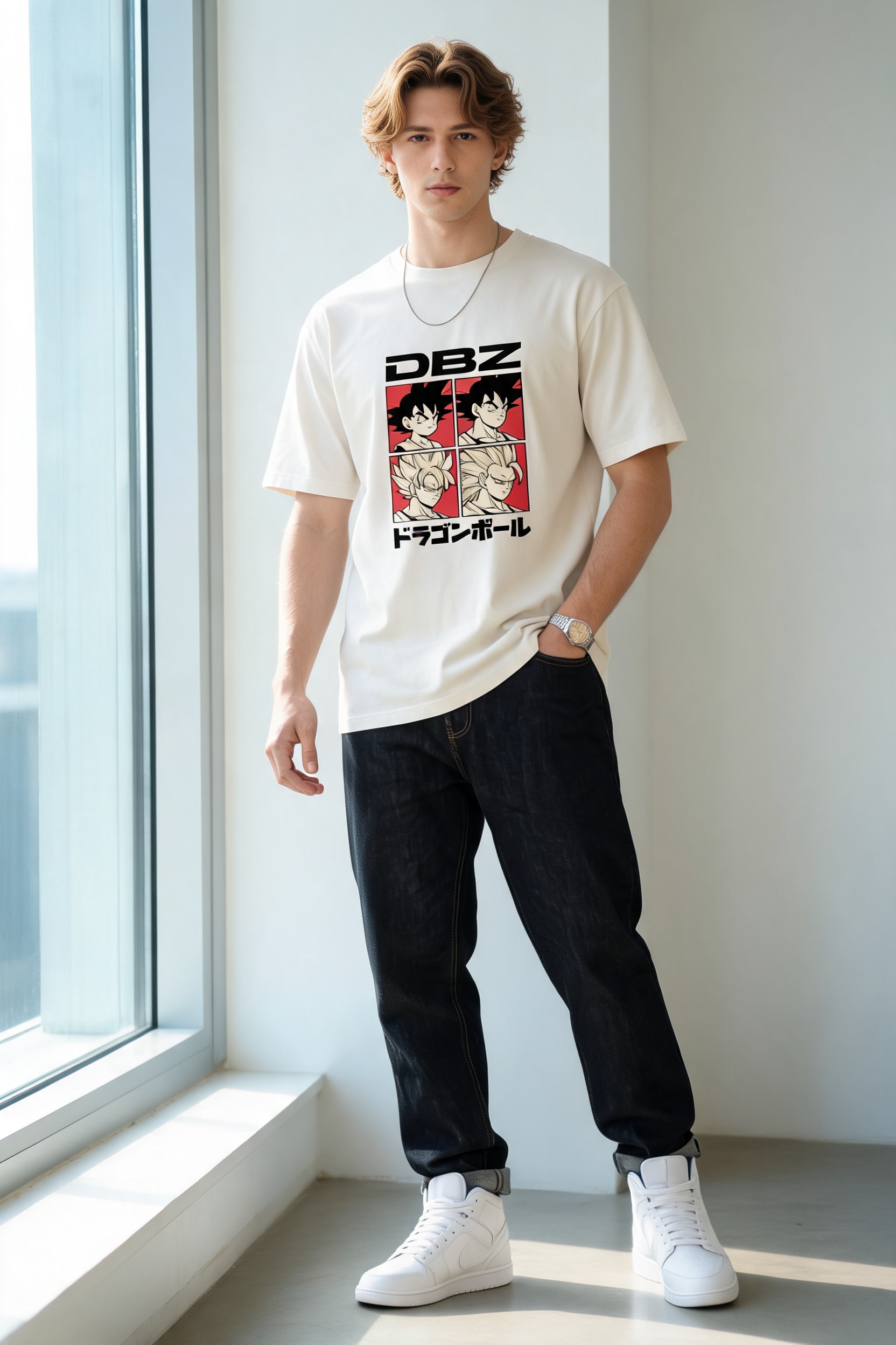 Modelo casual com camiseta estampada e calça preta, look minimalista