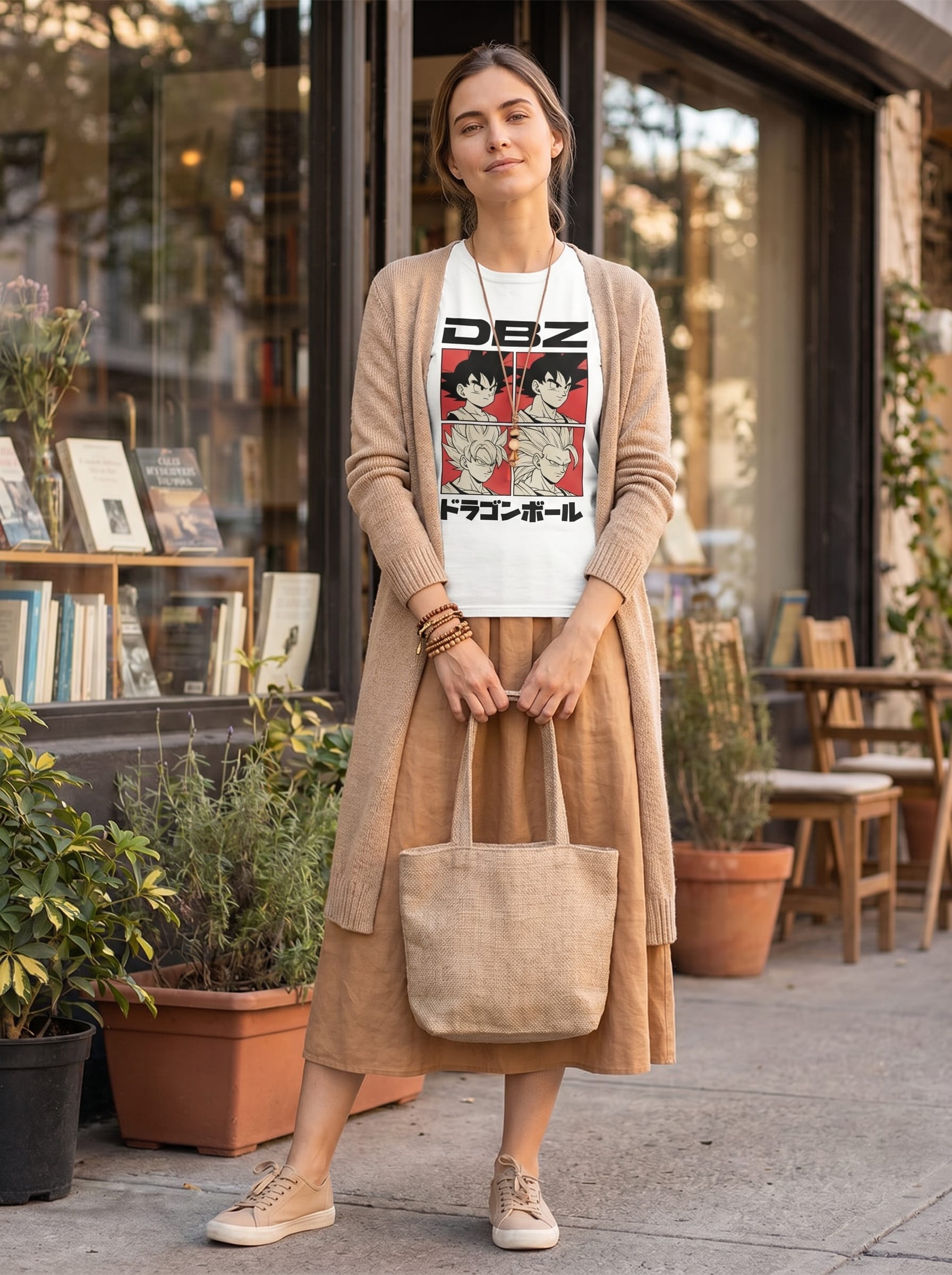 Modelo em look boho minimalista com saia midi, casaquinho comprido e acessórios naturais