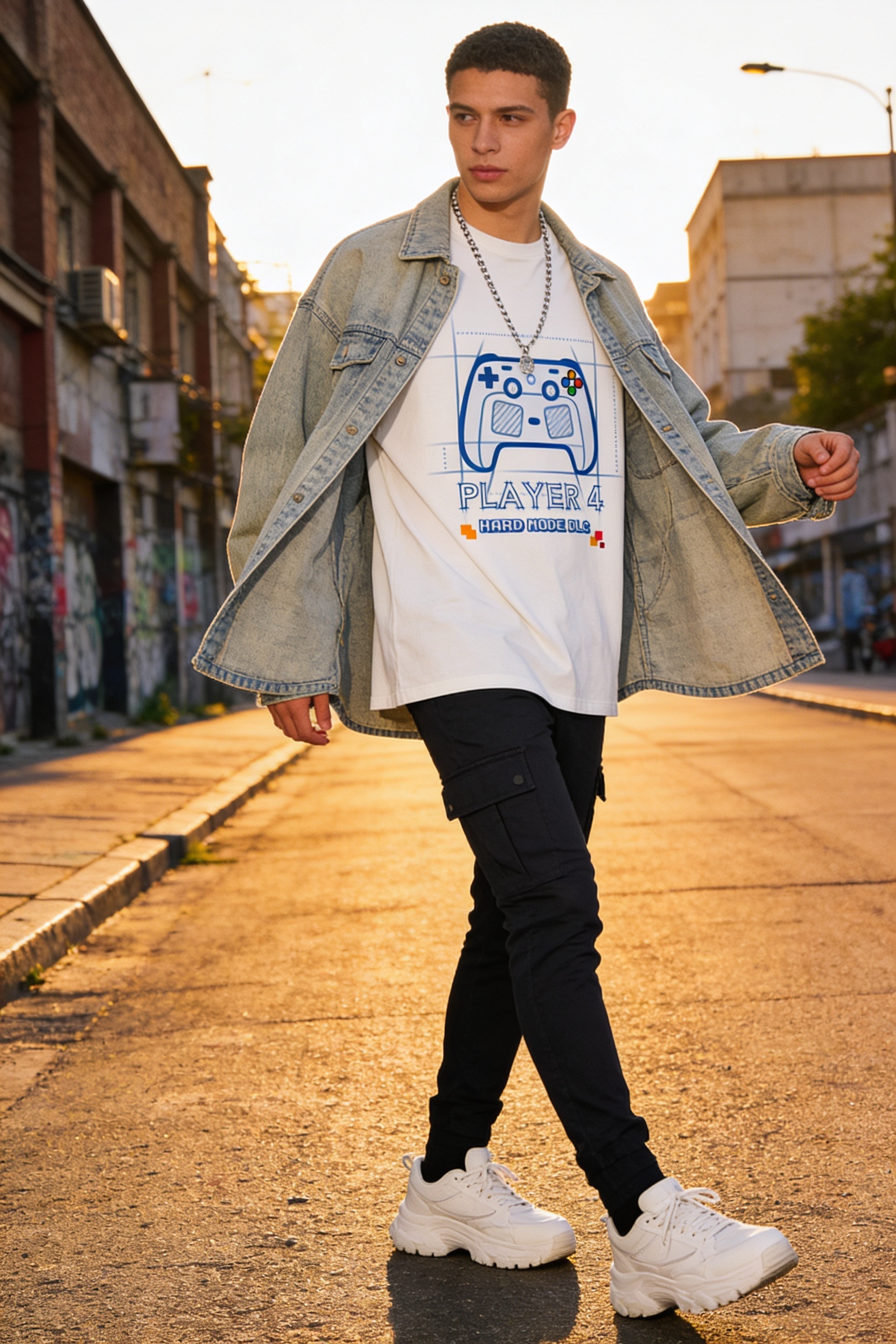 Look streetwear com camiseta oversized, calça cargo e jaqueta jeans