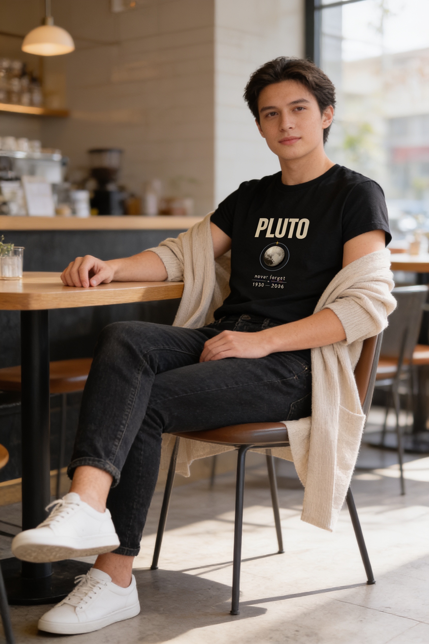Look semi-casual com camiseta estampada, cardigan e jeans