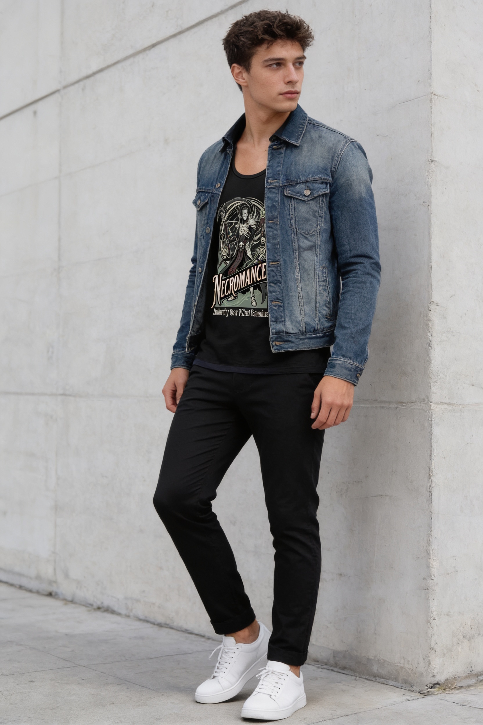 Look de layering com camiseta Stack, jaqueta jeans ajustada e calça preta