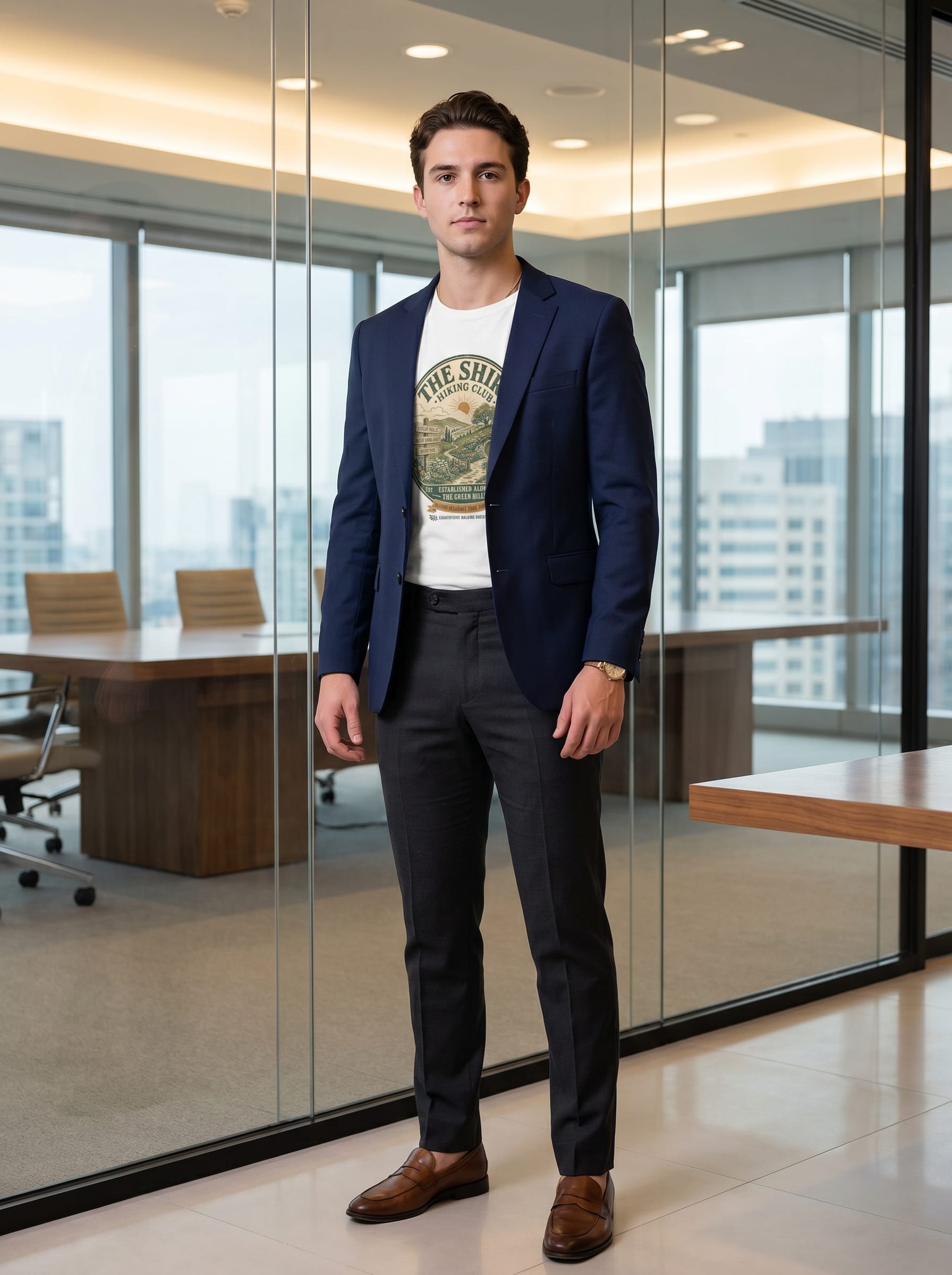 Look clássico com camiseta estampada, blazer navy e mocassim marrom para reunião corporativa
