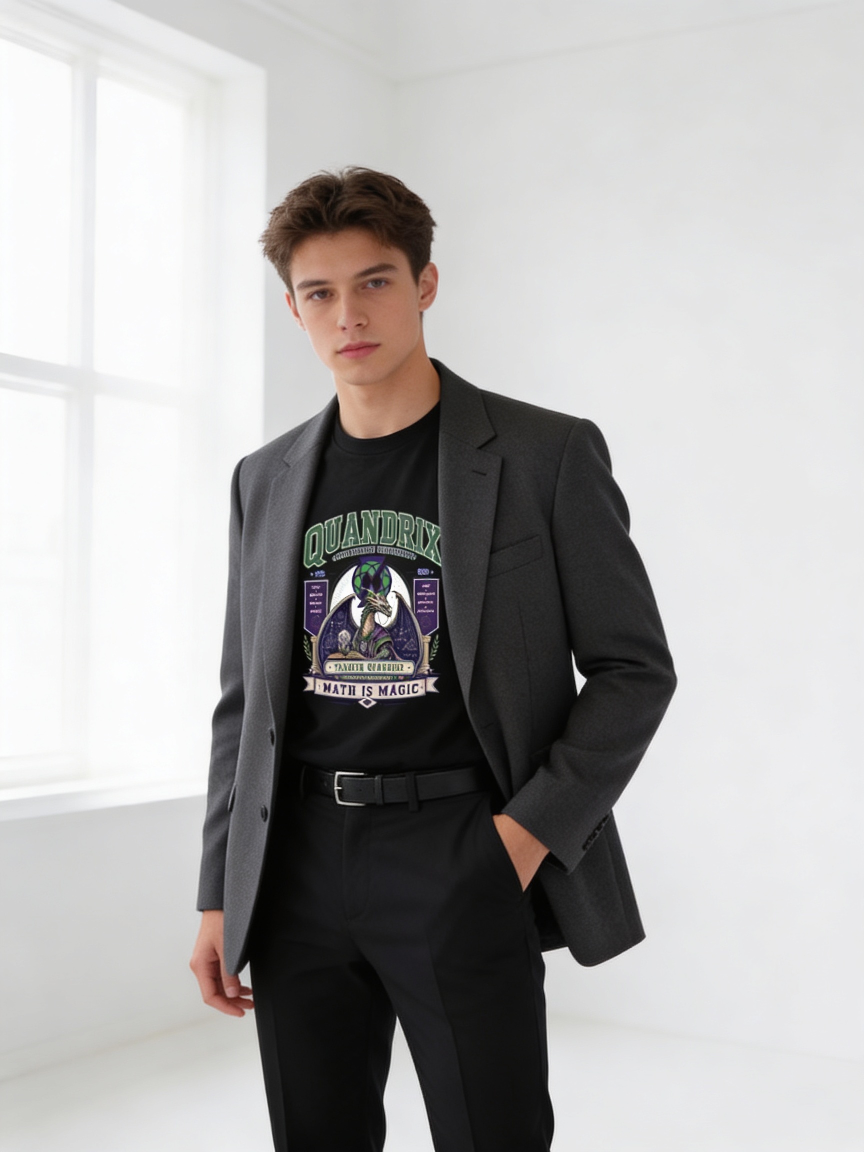Camiseta oversized com blazer estruturado e calça reta, look casual chic