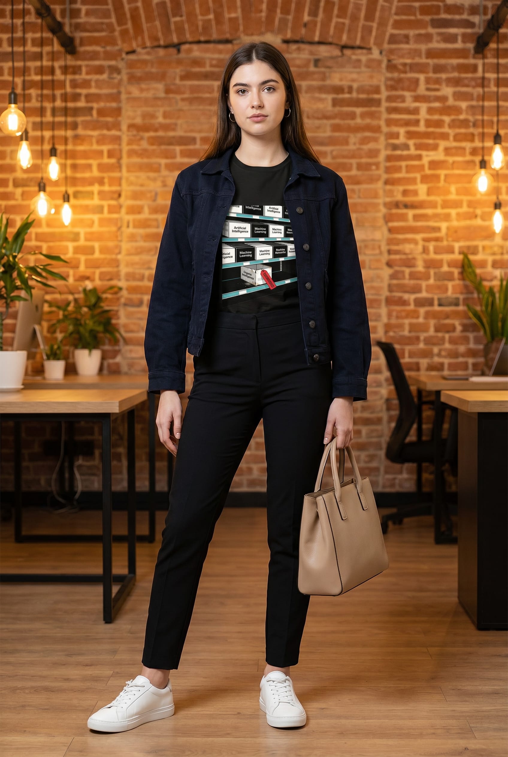Look casual corporativo com camiseta estampada, jaqueta de sarja e sneaker branco