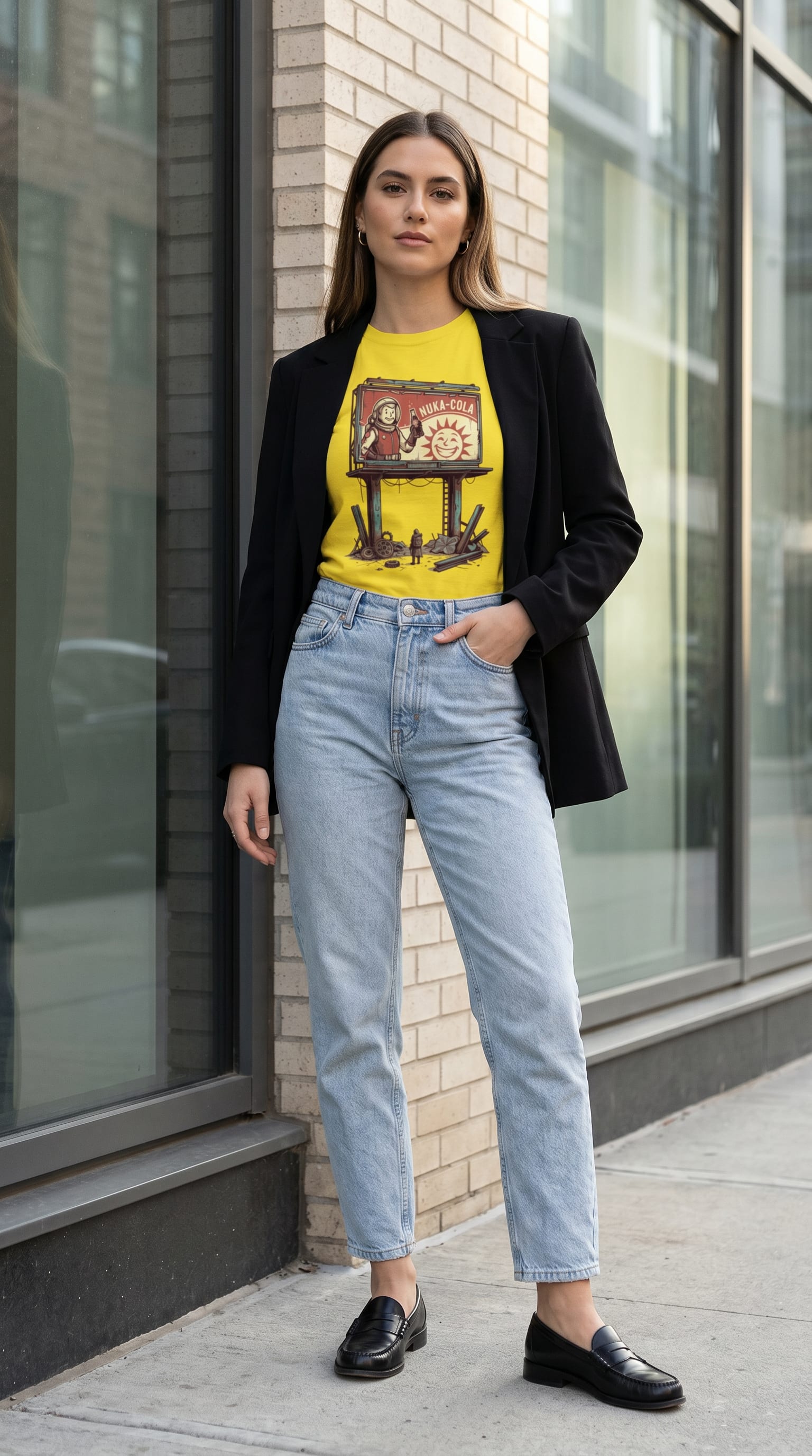 Modelo com camiseta ajustada da Stack, jeans mom cintura alta e blazer aberto, look sofisticado com sobreposição