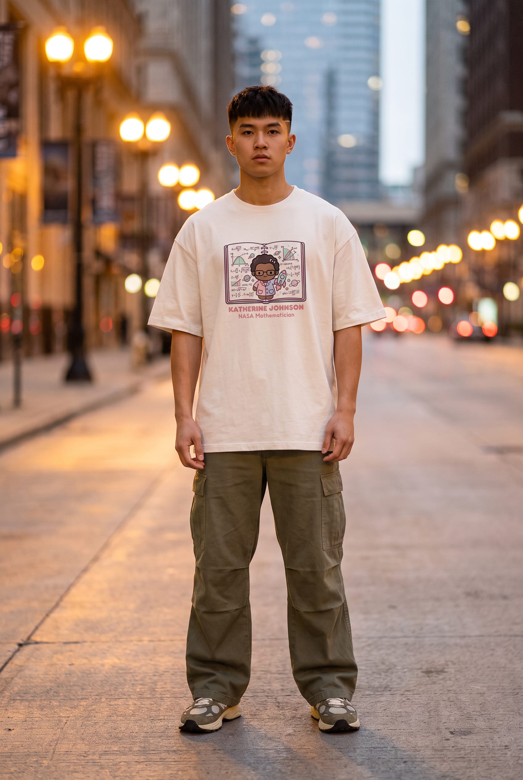 Modelo em look streetwear urbano usando camiseta de modelagem oversized com ombros caídos