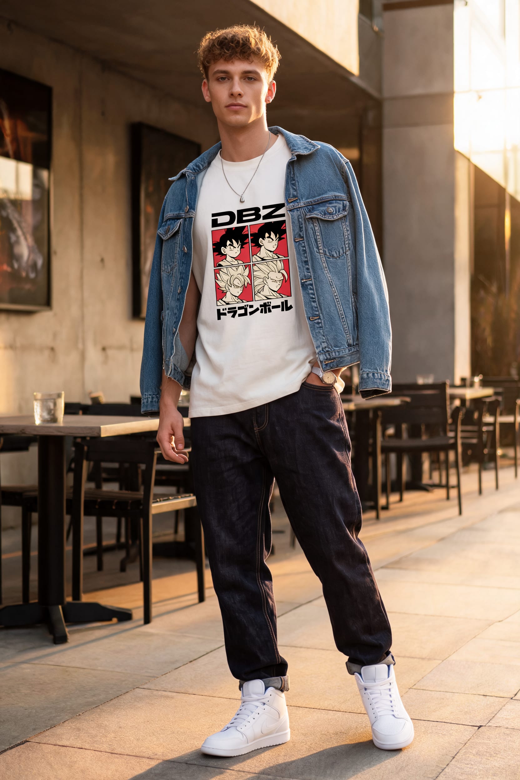Look sofisticado com camiseta estampada, jaqueta jeans e acessórios