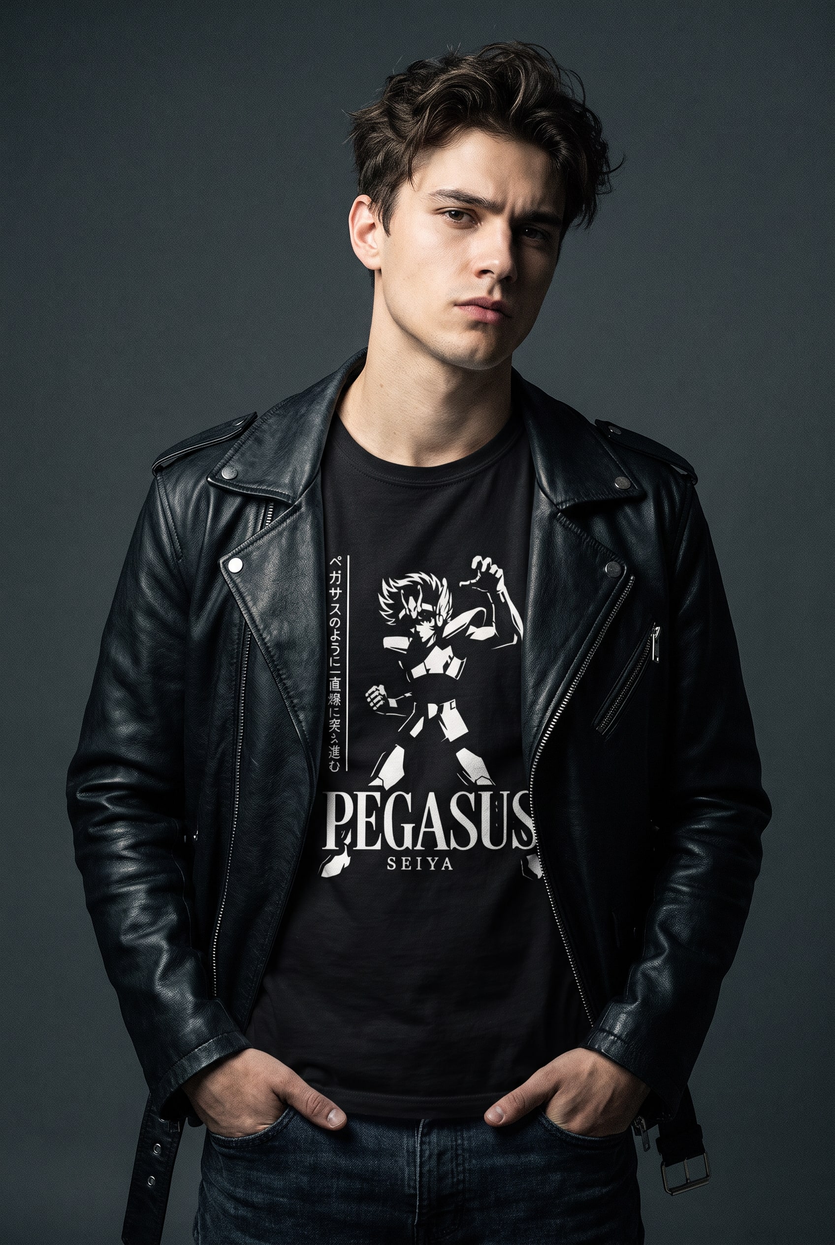 Sobreposição estilosa com jaqueta de couro preta e camiseta de modelagem clássica por baixo