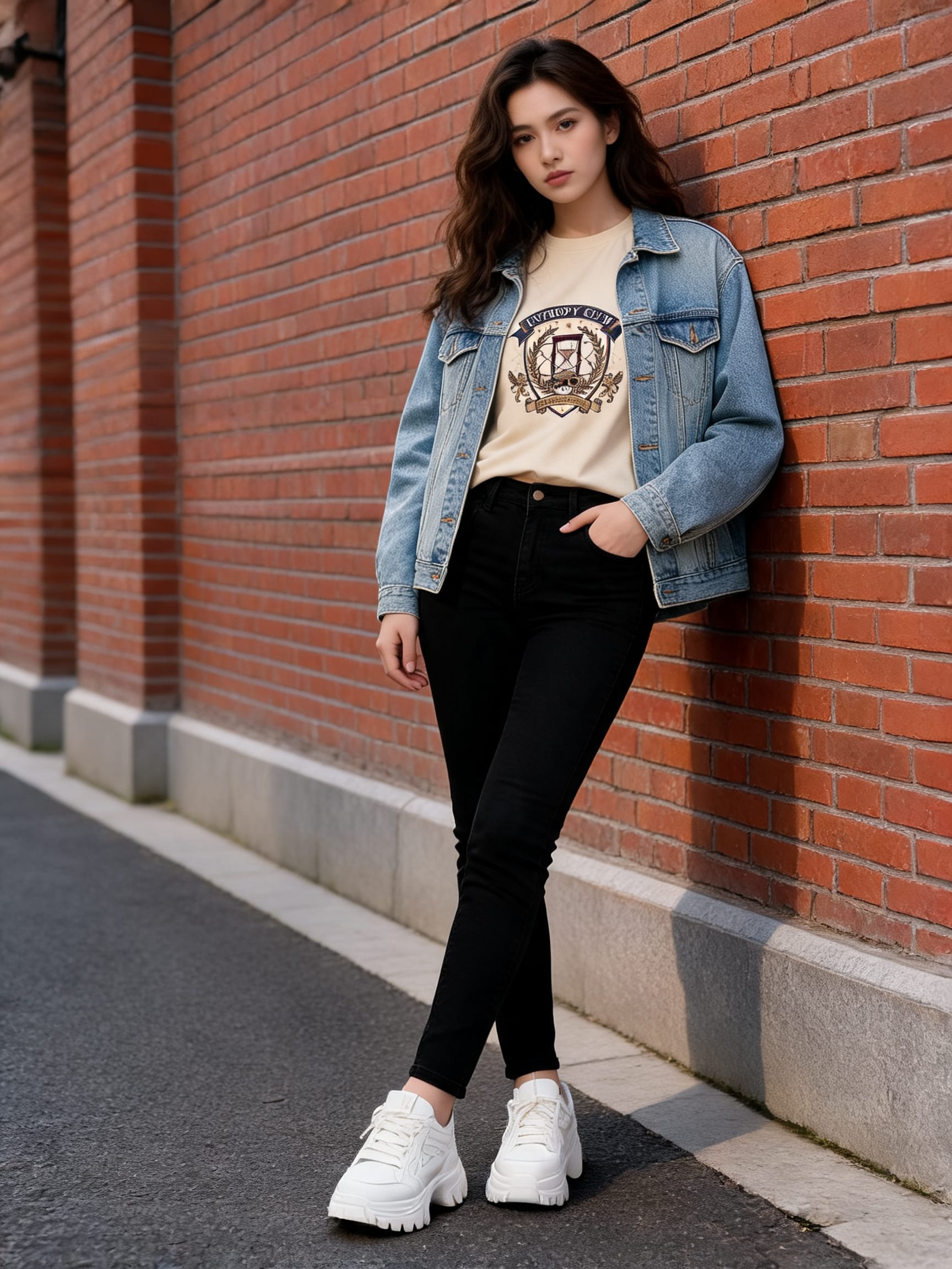 Look urbano casual com camiseta estampada, jaqueta jeans e sneaker