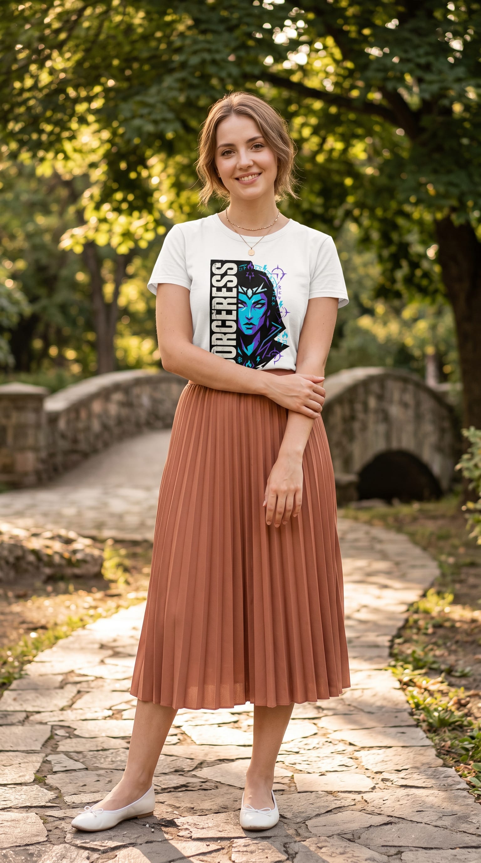 Look feminino e romântico com camiseta e saia midi plissada