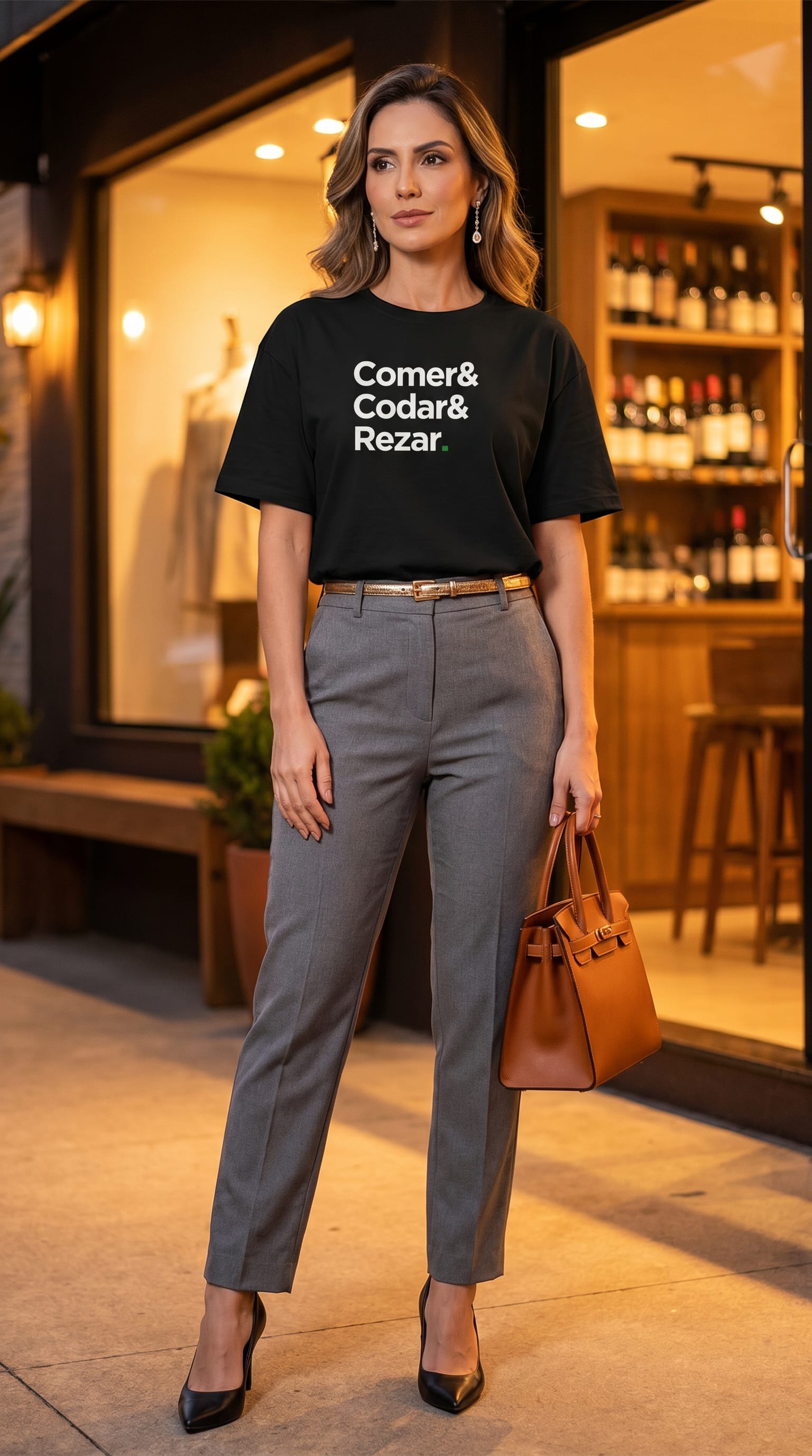 Mulher em look glamoroso noturno com camiseta oversized bege, calça cinza, scarpin e bolsa estruturada