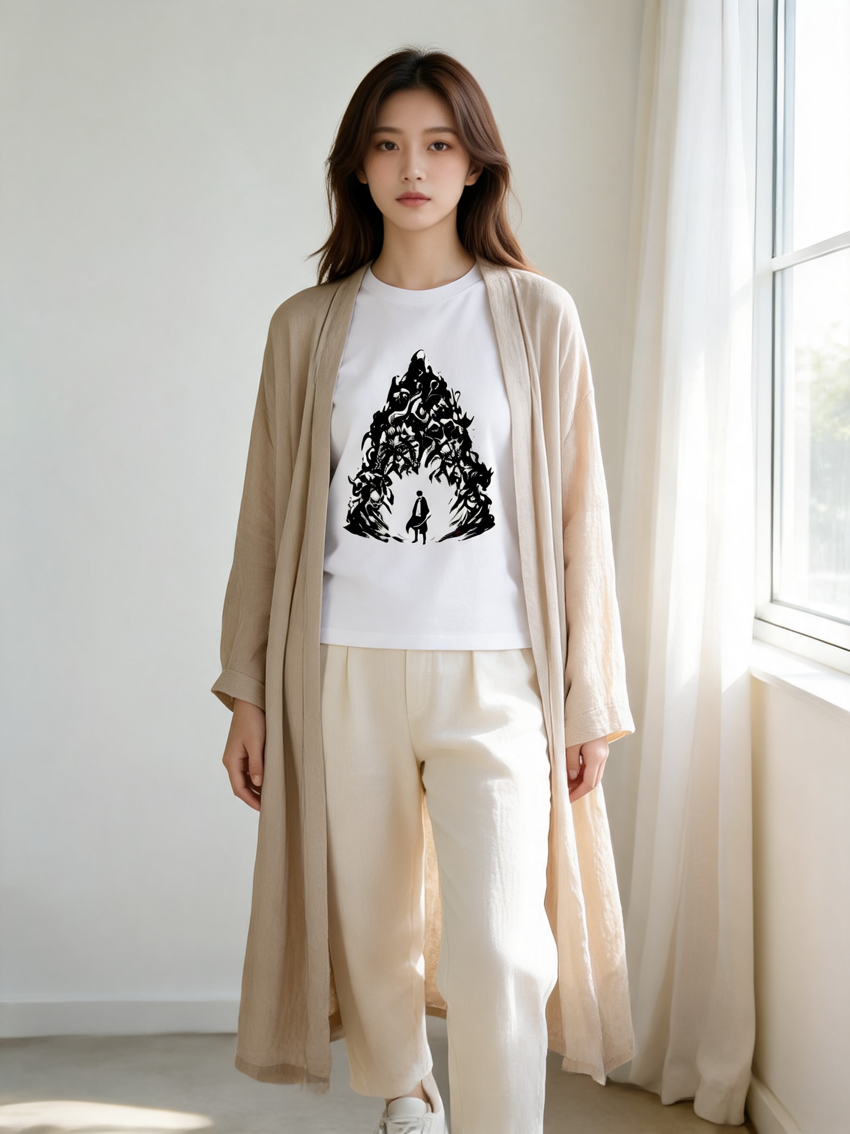 Modelo feminina vestindo camiseta justa com cardigan fluido comprido em tom natural, criando layering clássico e equilibrado